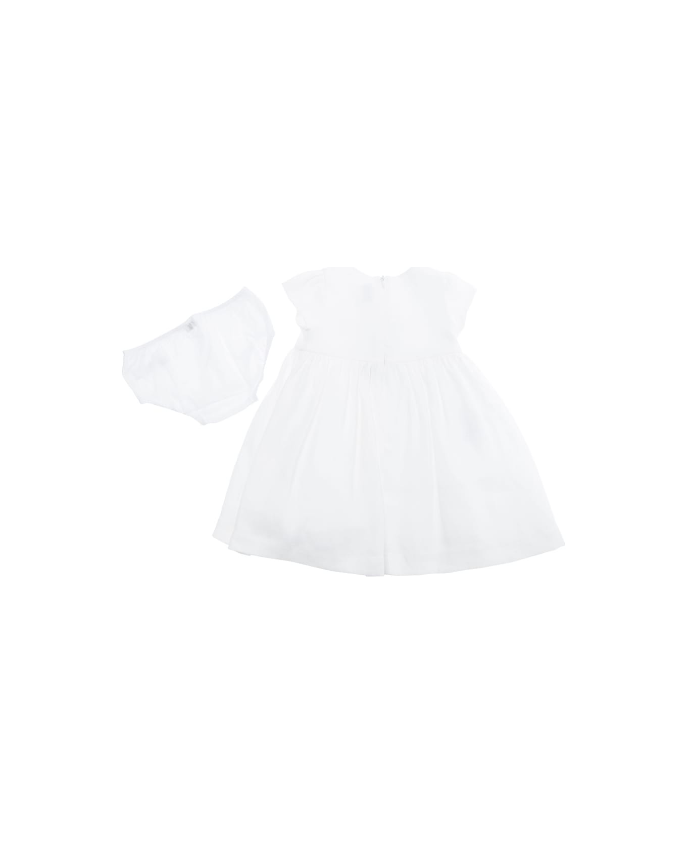 Il Gufo White Crewneck Dress With Embroidery On The Front And Matching Shorts In Linen Baby - White