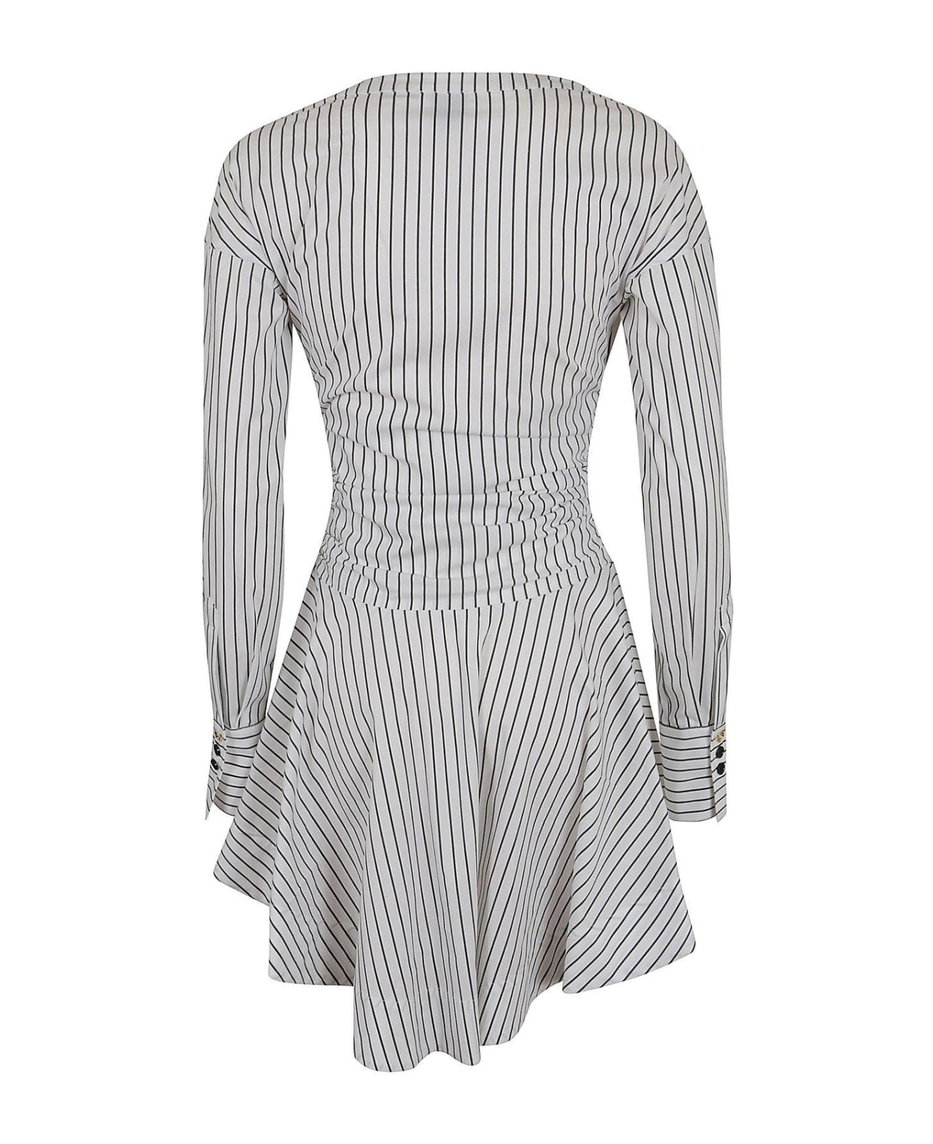 Pinko V-neck Striped Mini Dress - Bianco e Nero ワンピース＆ドレス