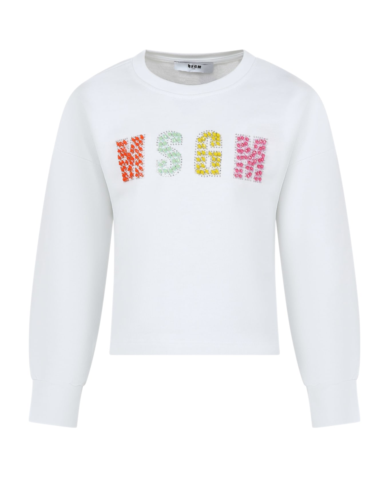 MSGM White Sweatshirt For Girl With Rhinestones And Multicolor Stones - Bianco