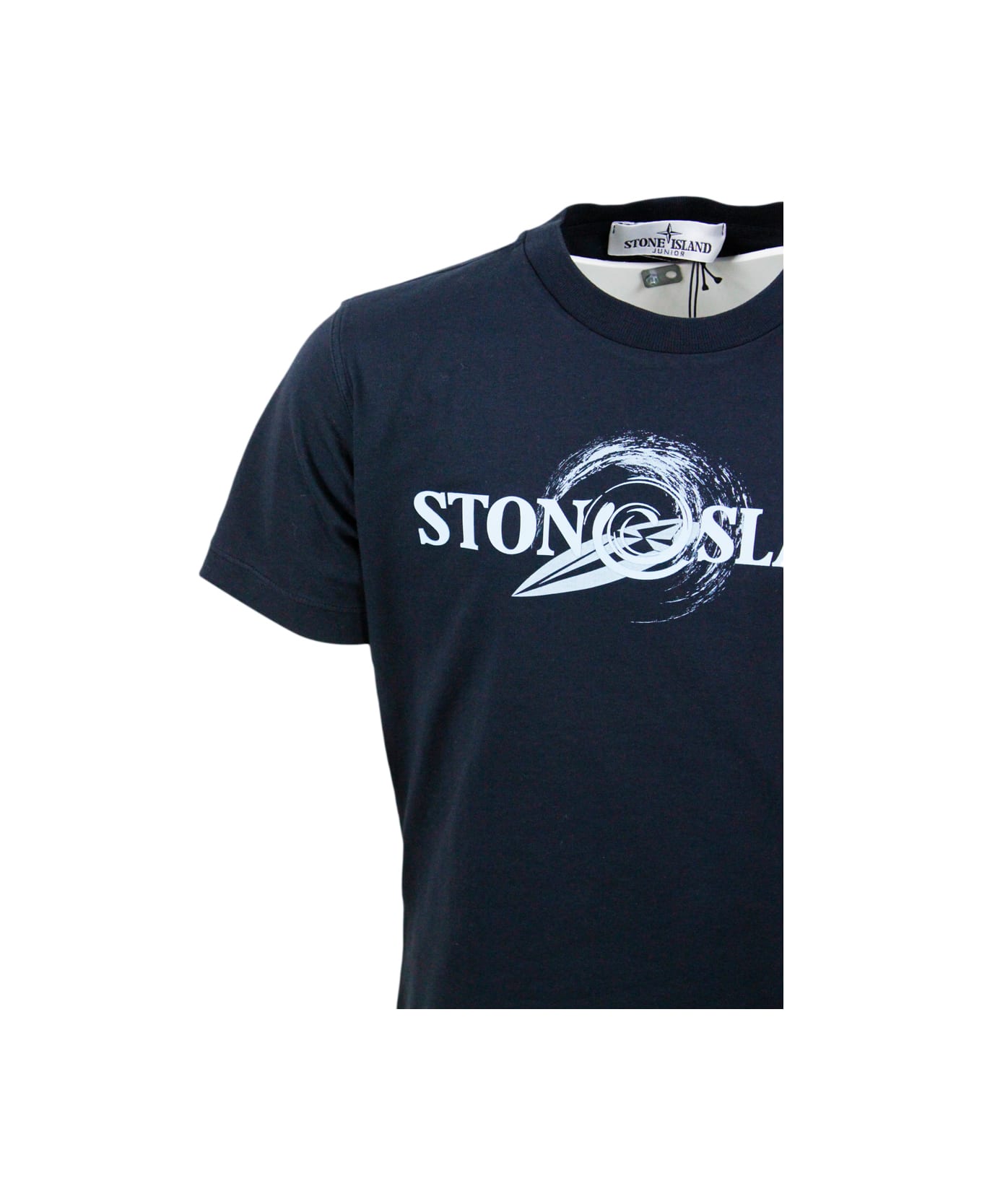 Stone Island Crew-neck Short-sleeved Cotton T-shirt With Rubberized Logo On The Front - Blu