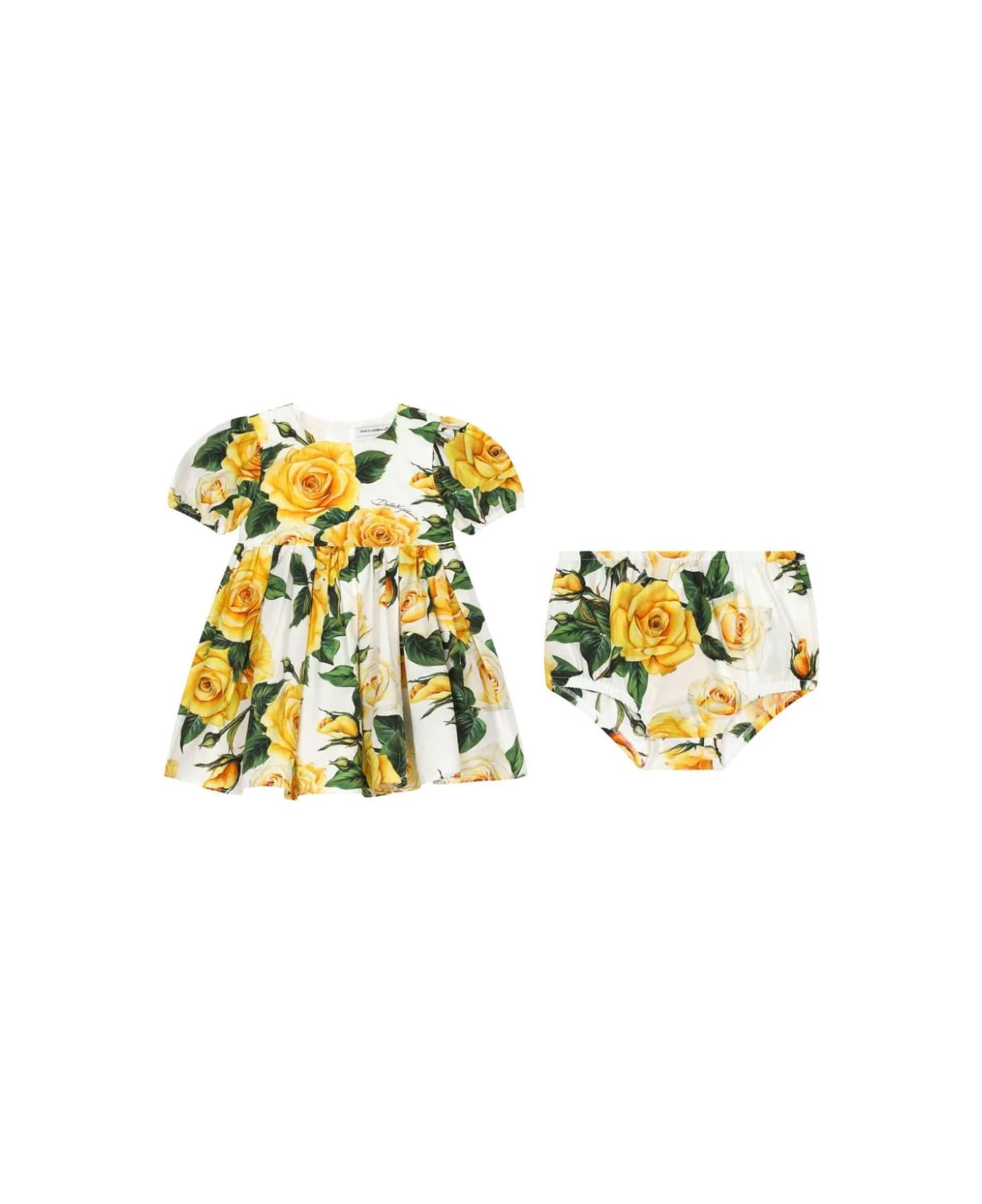 Dolce & Gabbana Yellow Rose Print Poplin Short-sleeved Dress - Yellow