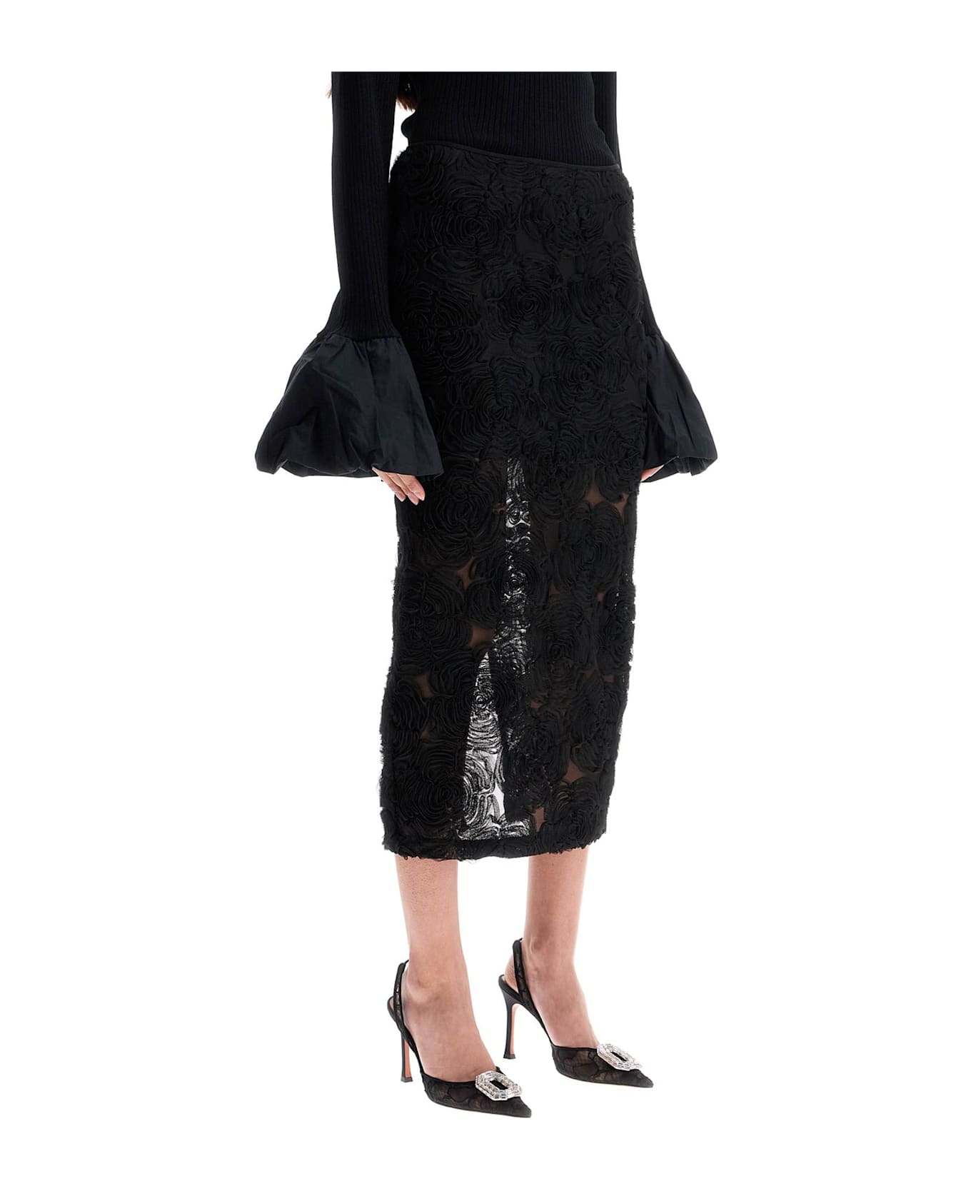 Rotate by Birger Christensen Flower Mesh Pencil Skirt - BLACK (Black)