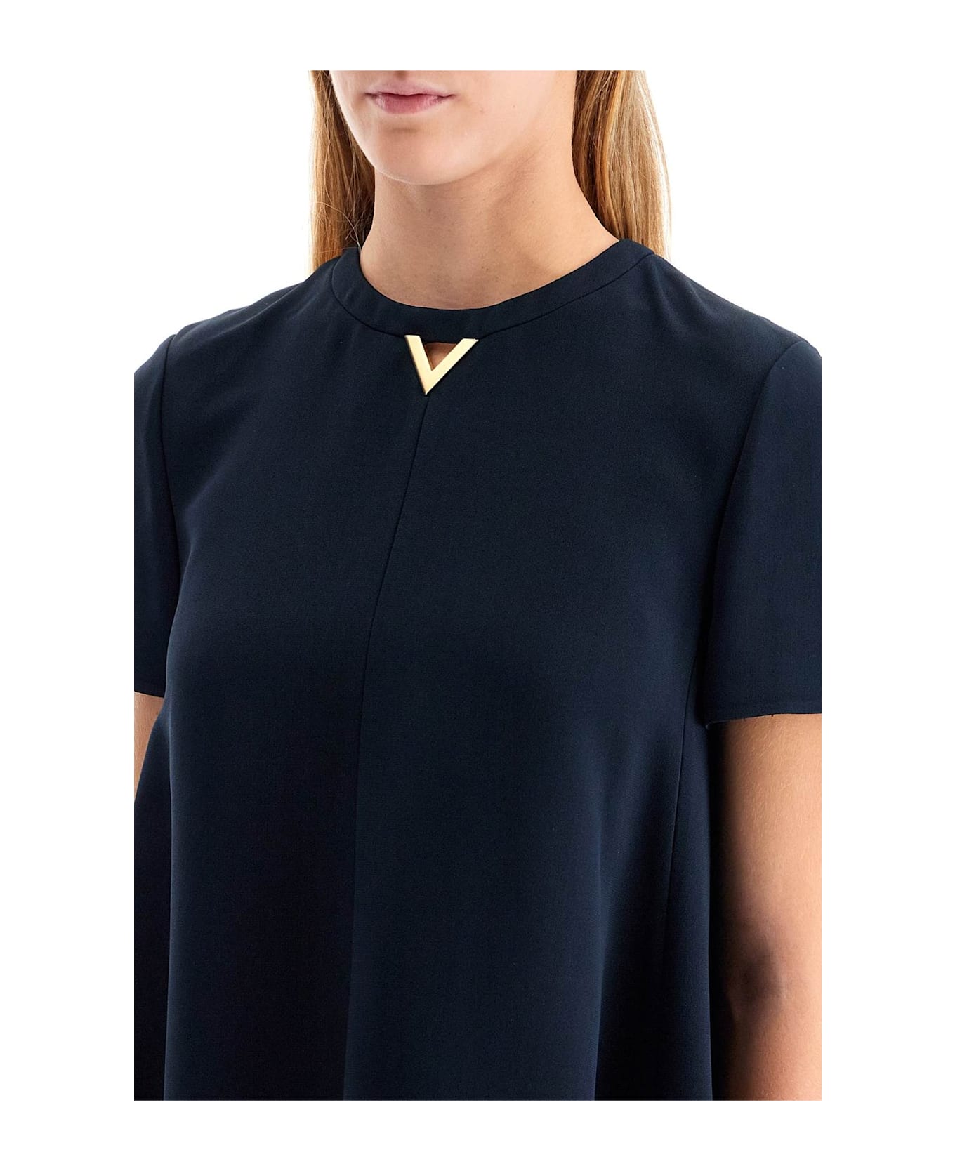 Valentino Strucutred Couture Crewneck Straight Hem Dress - Blue