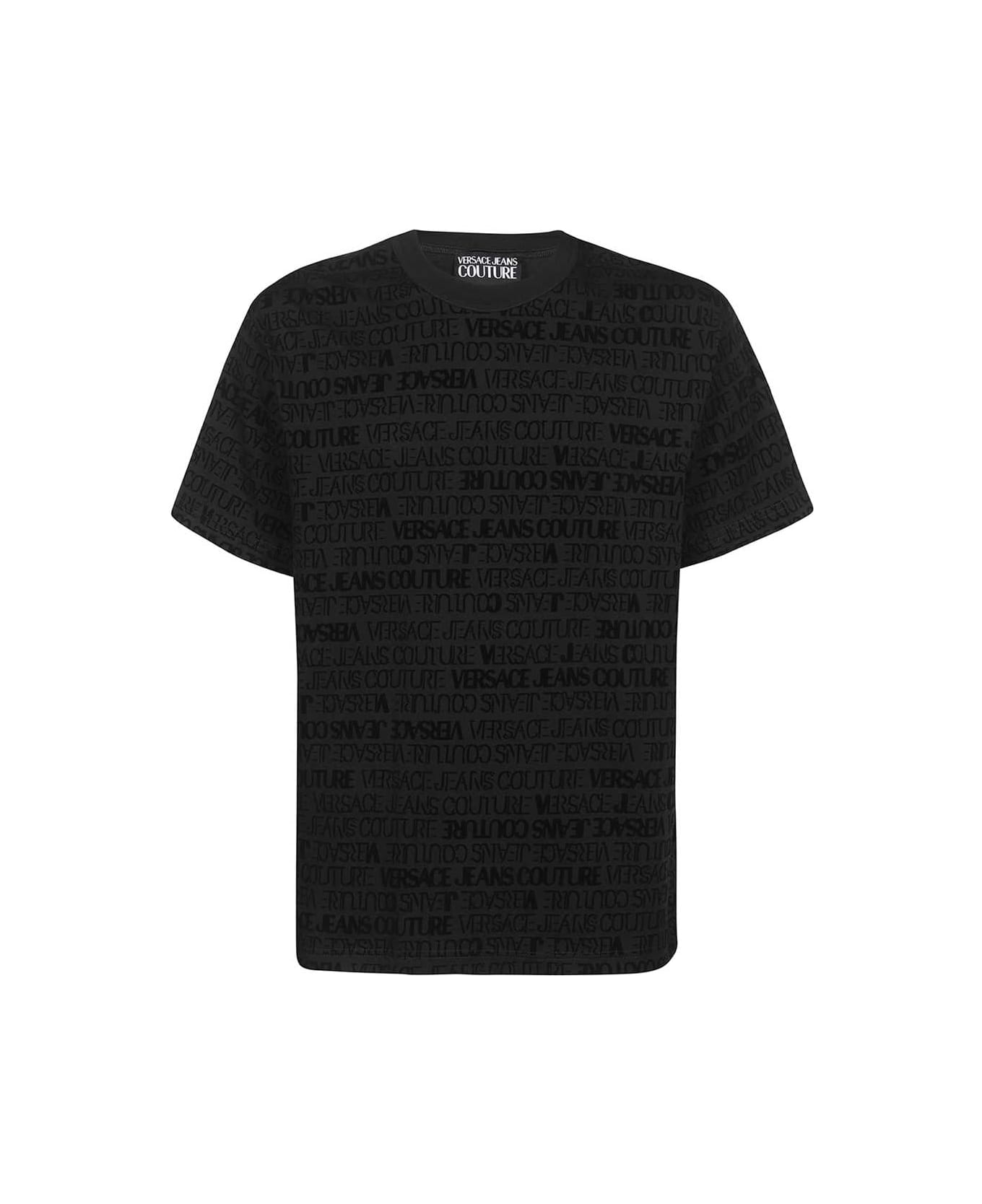 Versace Jeans Couture Cotton T-shirt With All Over Logo - black シャツ