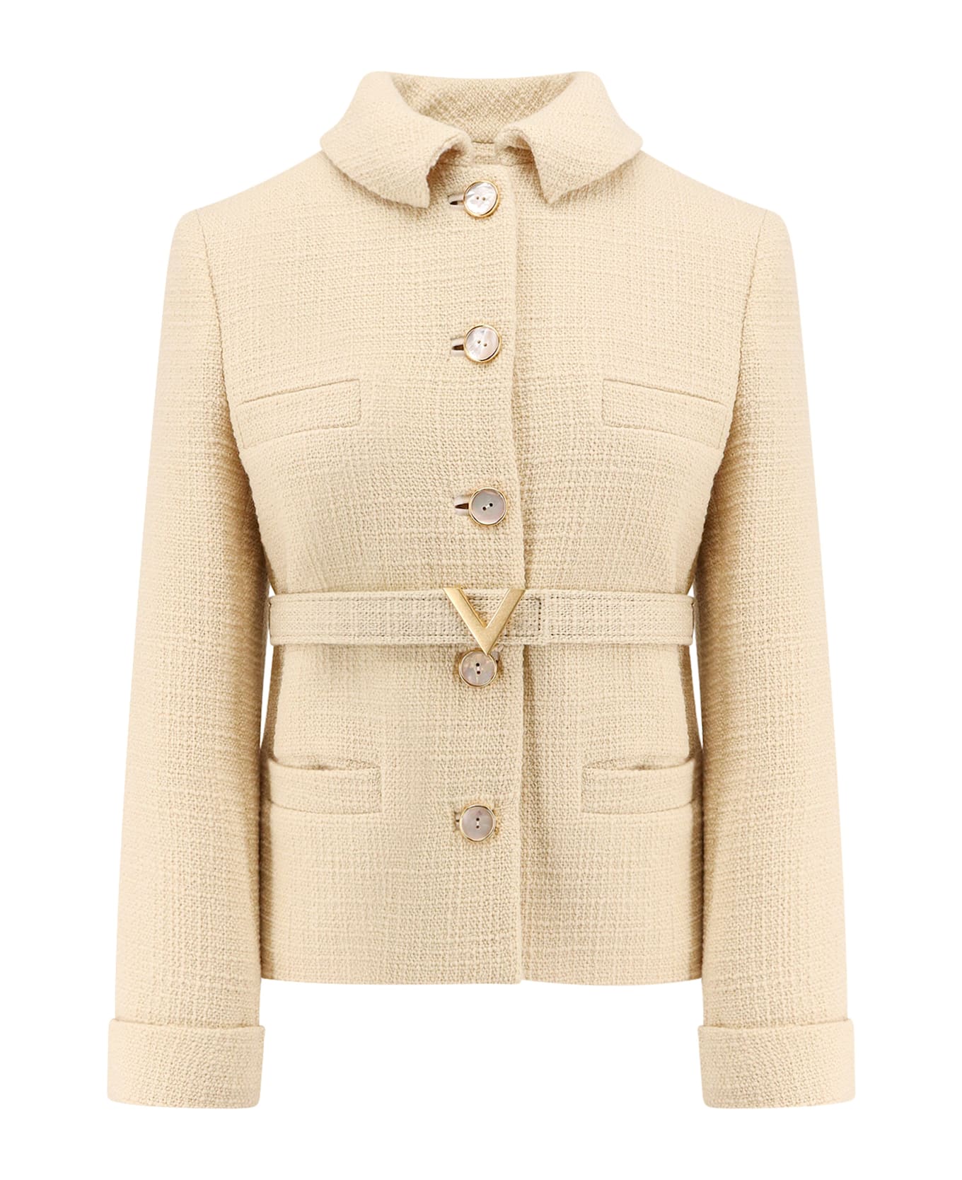 Wool Blazer With Leather Belt And V Gold Buckle - Thumbnail 2