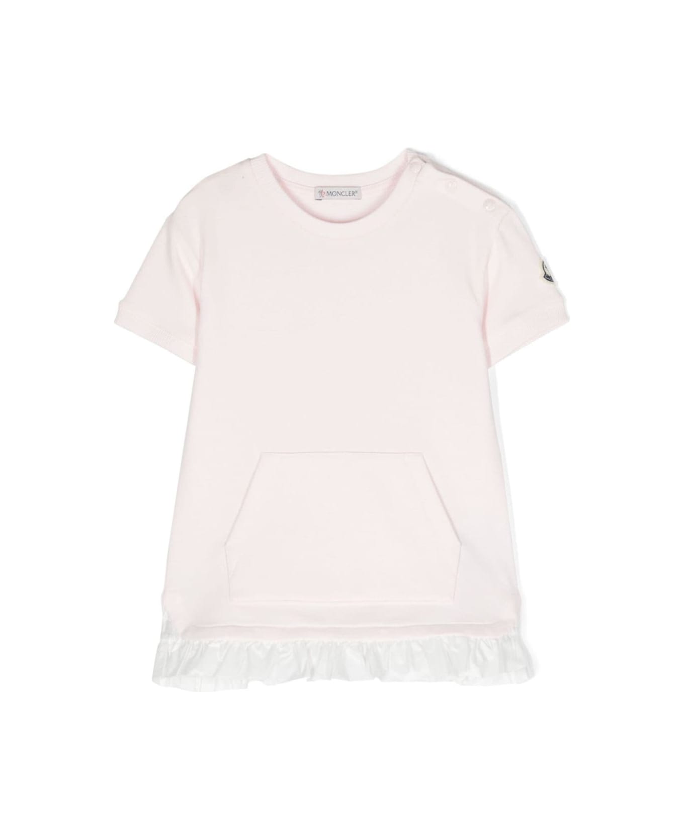 Moncler Pink Crewneck Dress With Logo Patch In Polyamide Baby - White