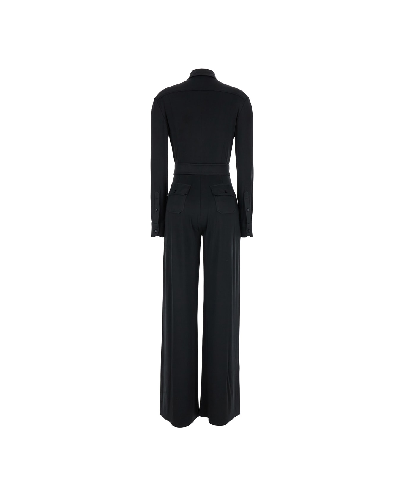 Tom Ford Black Jumpsuit With Buttons And Adjustable Belt In Stretch Satin Woman - Black