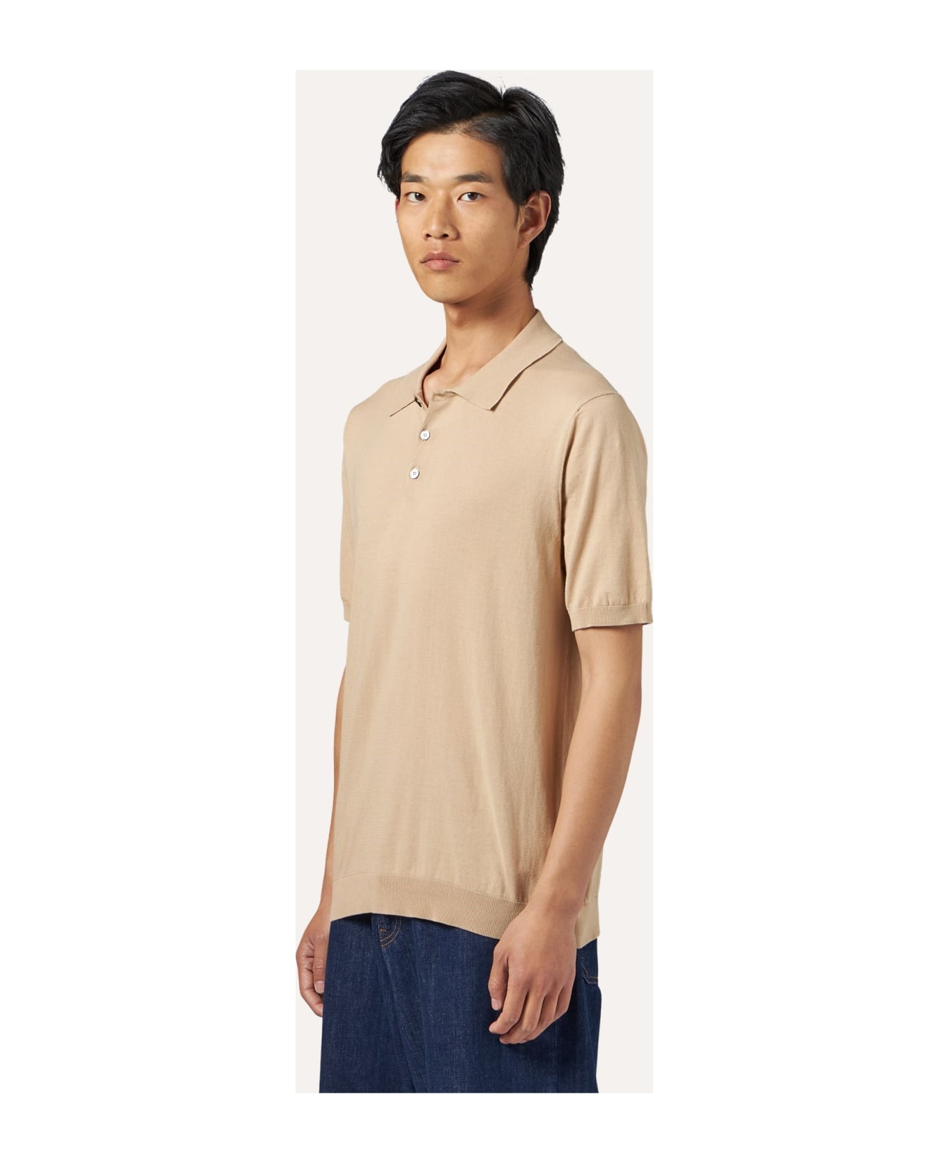 Ballantyne Ultralight Knitted Polo ldigt In Cotton With Buttons - Camel