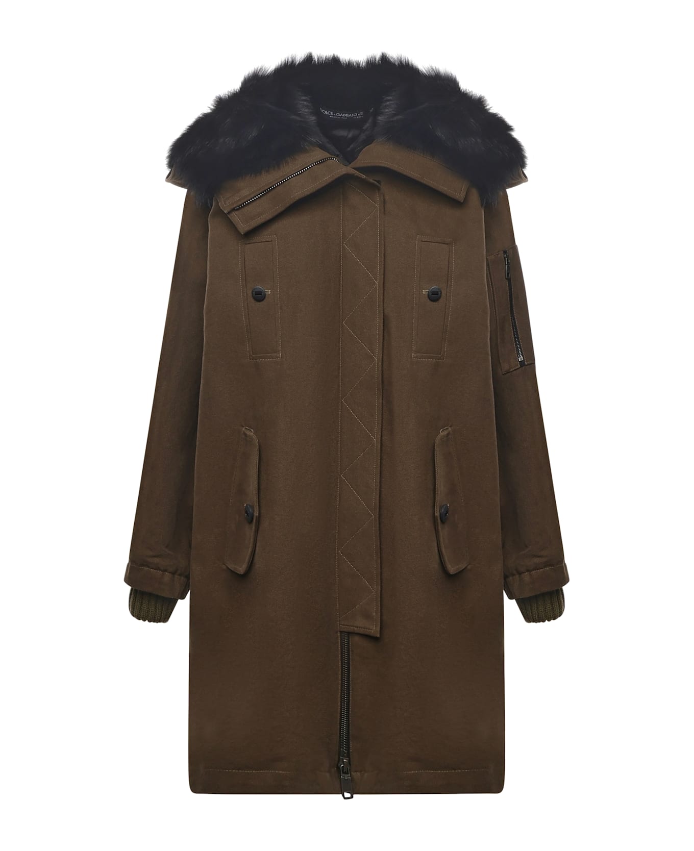 Dolce 
Gabbana Long Down Jacket With Fur Trim - Rotten green