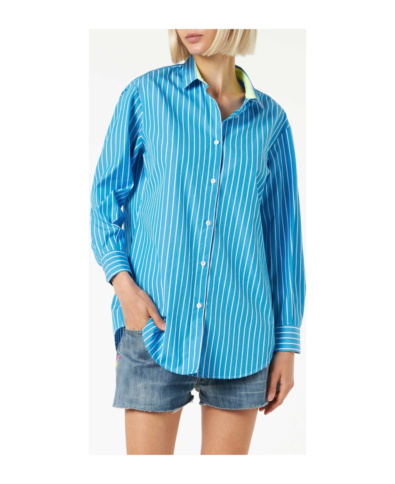 MC2 Saint Barth Striped Cotton Shirt With Born In St. Barth Embroidery - BLUE