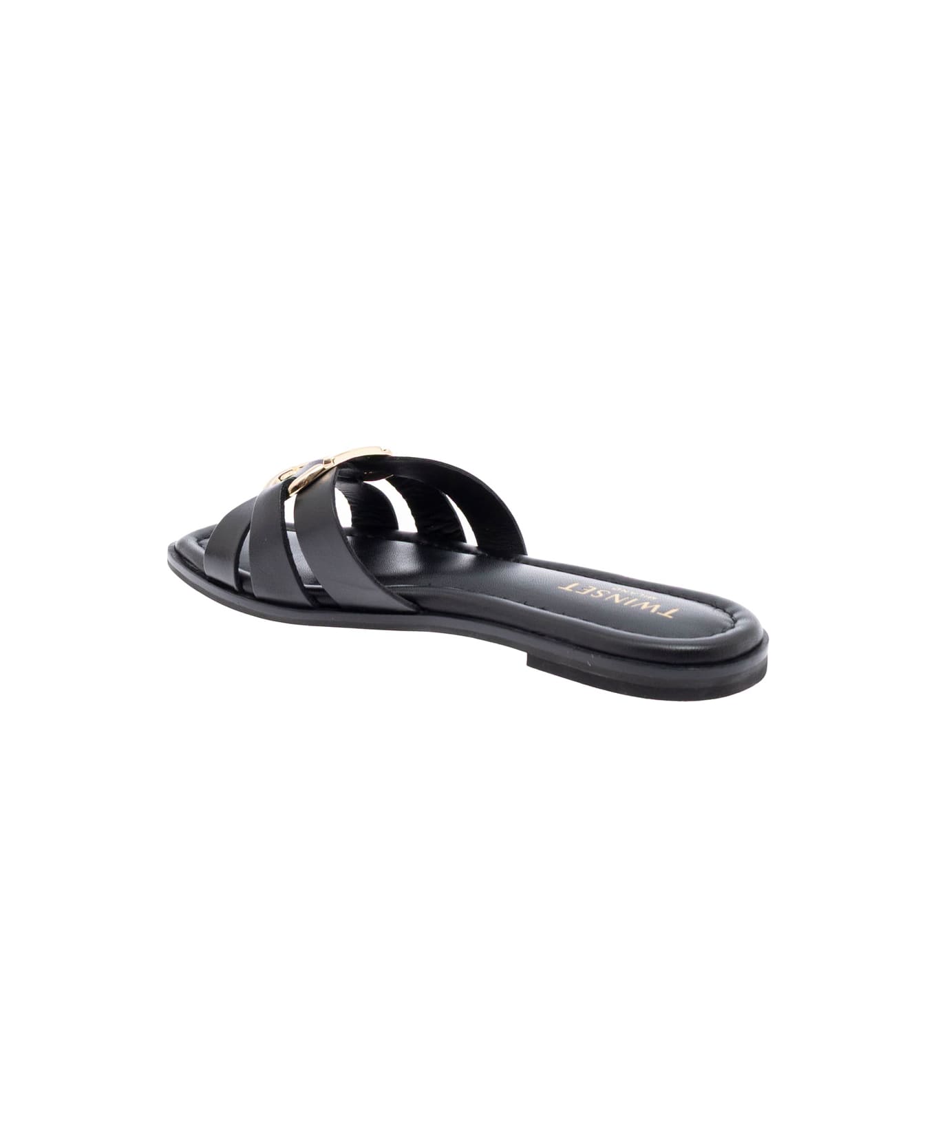 TwinSet Black Sandals With Crisscross Strap And Metallic Oval T On The Front In Leather Woman - Black