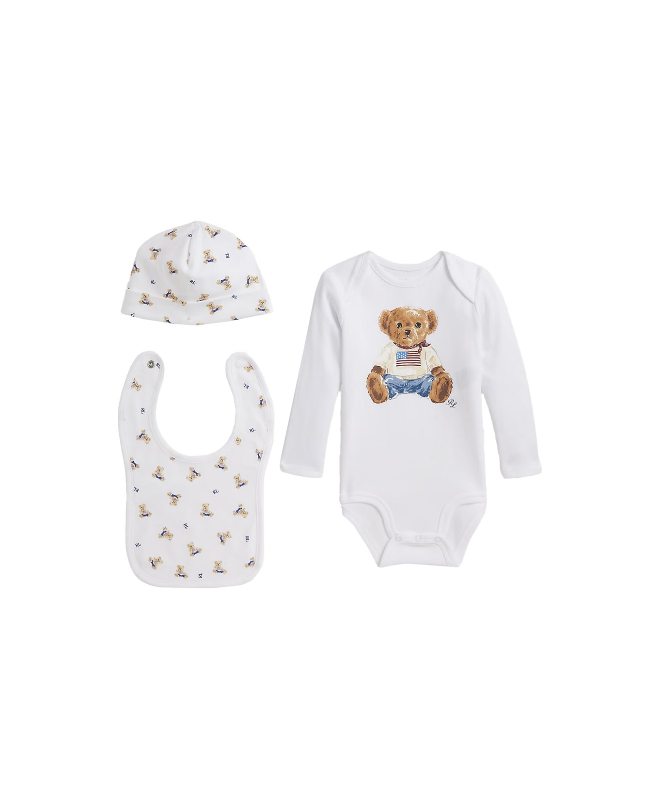 Polo Ralph Lauren White Set Of Three With Onesie And Matching Bib And Beanie With All-over Bear Print In Cotton Baby - White