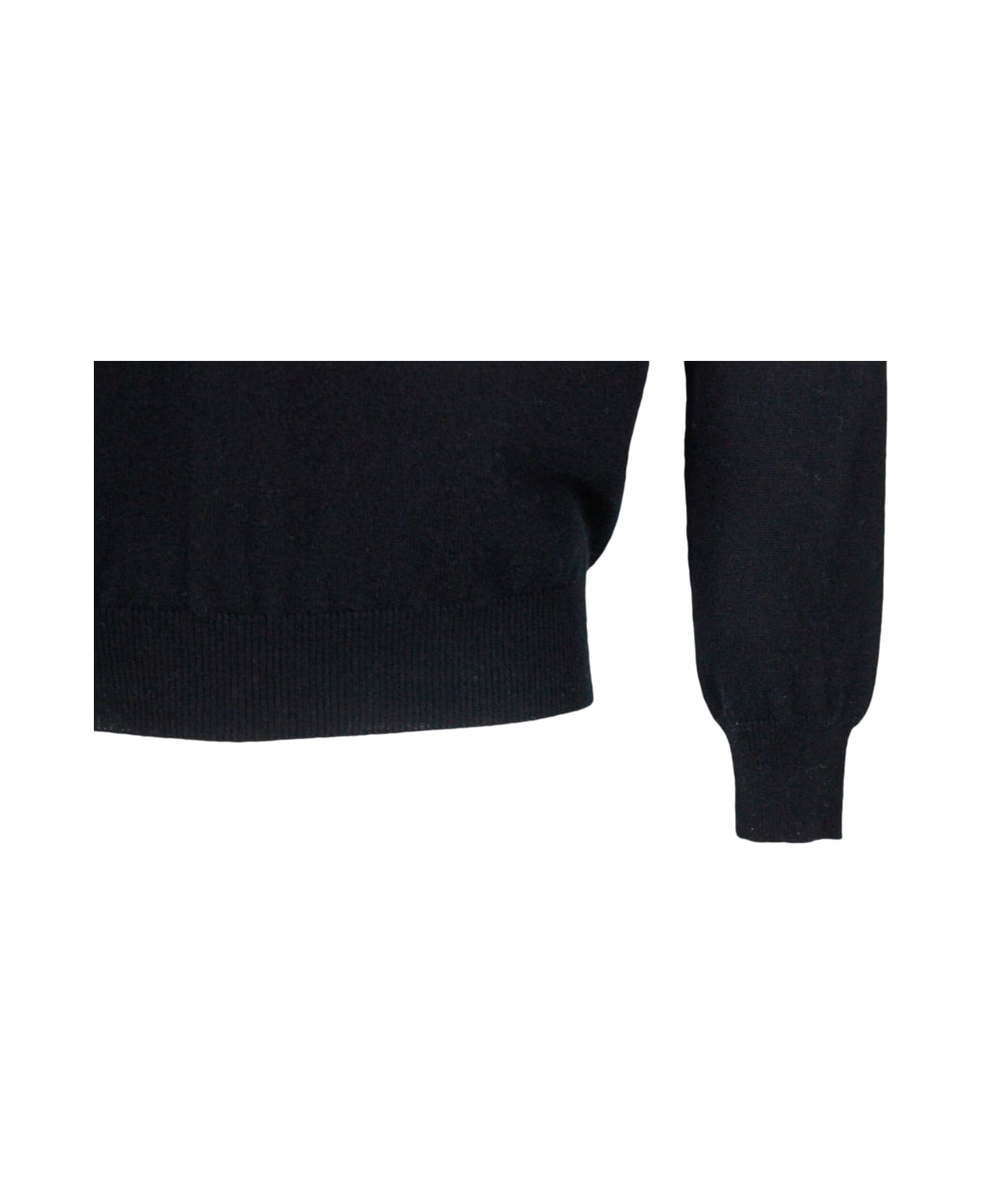 Colombo Long-sleeved Crewneck Sweater In Fine 2-ply 100% Kid Cashmere With Special Processing On The Edge Of The Neck - Black