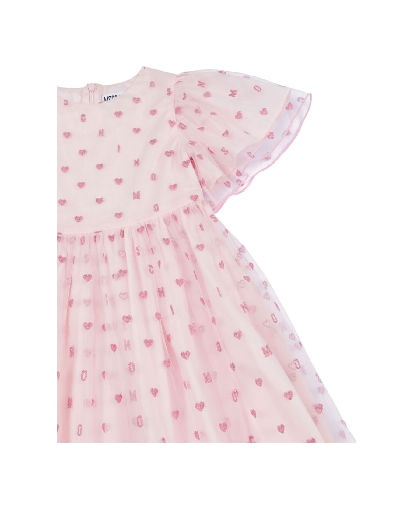 Moschino Pink Crewneck Dress With Ruched Short Sleeves And All-over Heart Motif In Cotton Girl - Pink