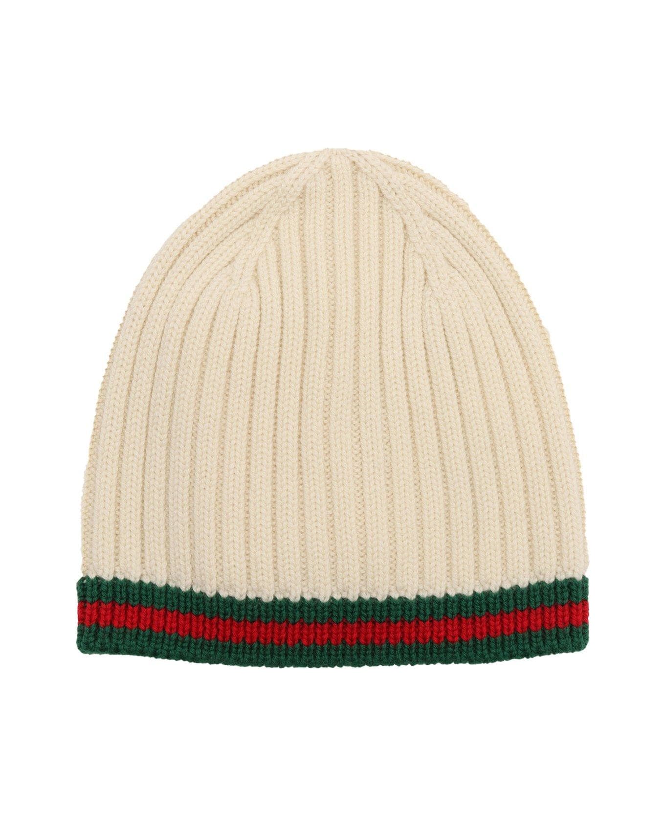 Gucci Web-stripe Ribbed-knit Beanie - Bianco