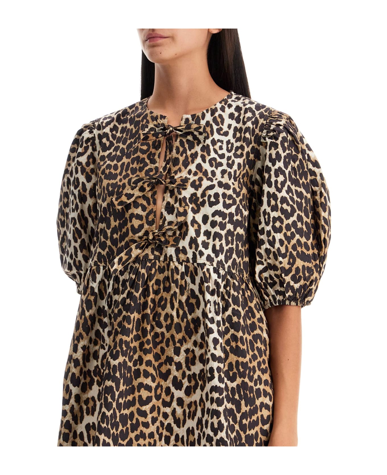 Ganni Organic Cotton Smocked Skirt - LEOPARD (Beige)