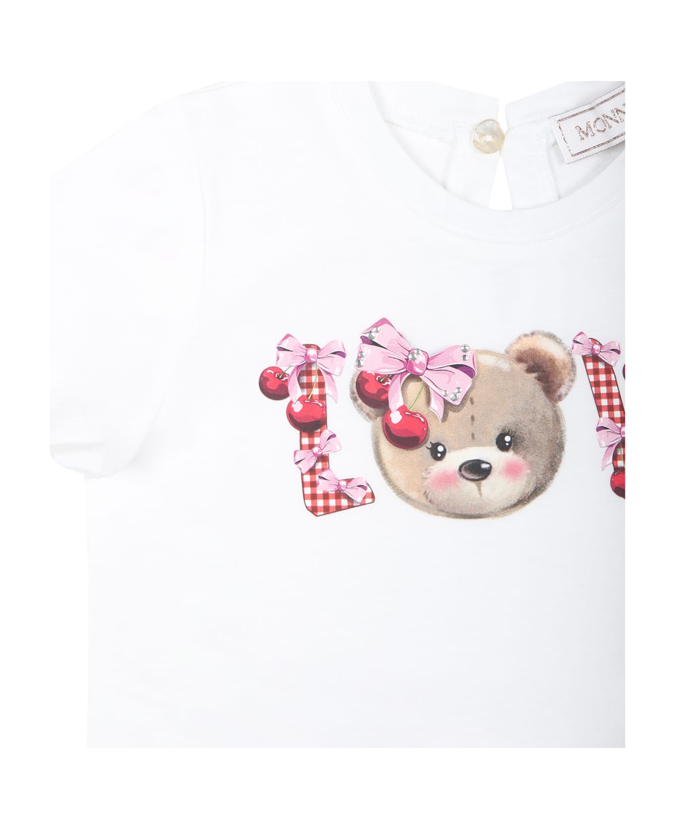 Monnalisa White T-shirt For Baby Girl With Bear Print And Writing - White Tシャツ＆ポロシャツ