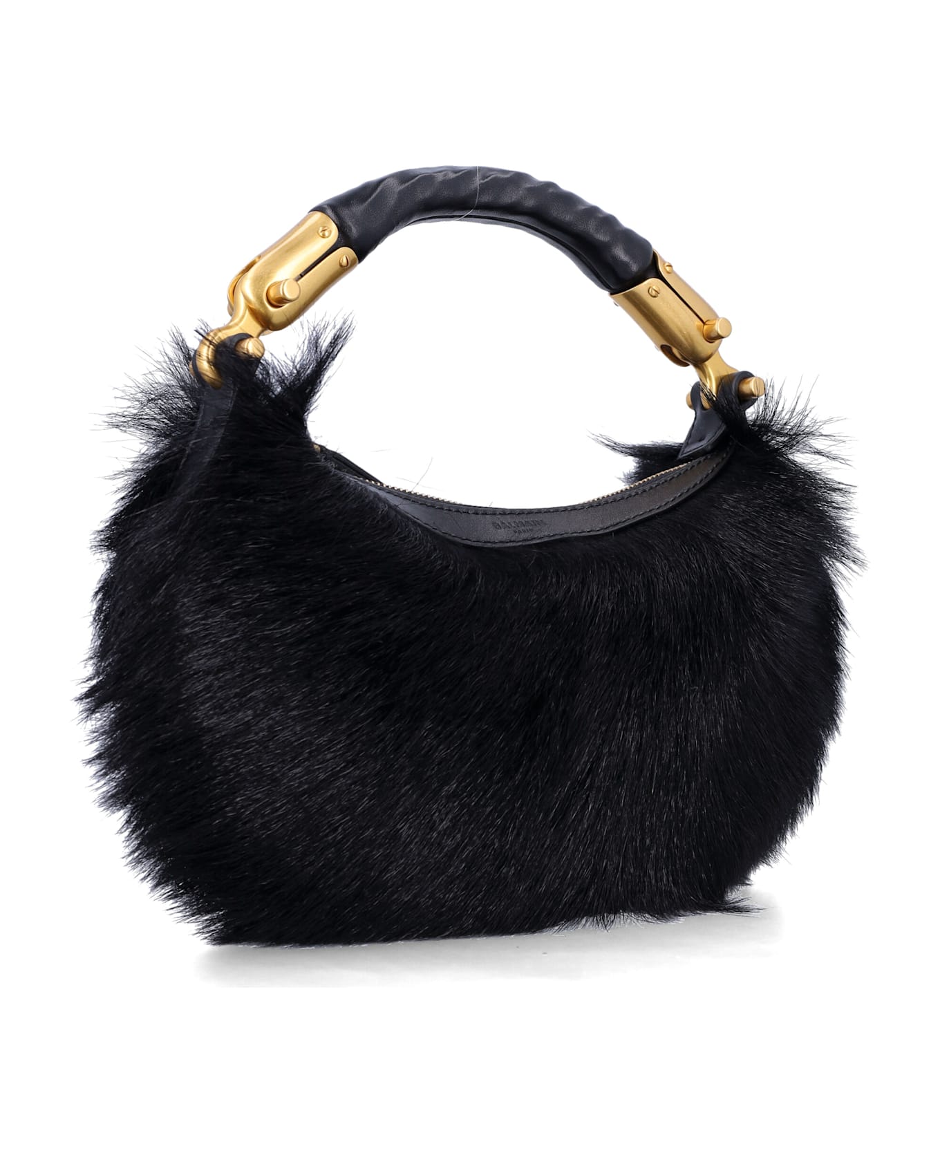 Balmain Genuine Fur Handbag With Leather Handle - BLACK