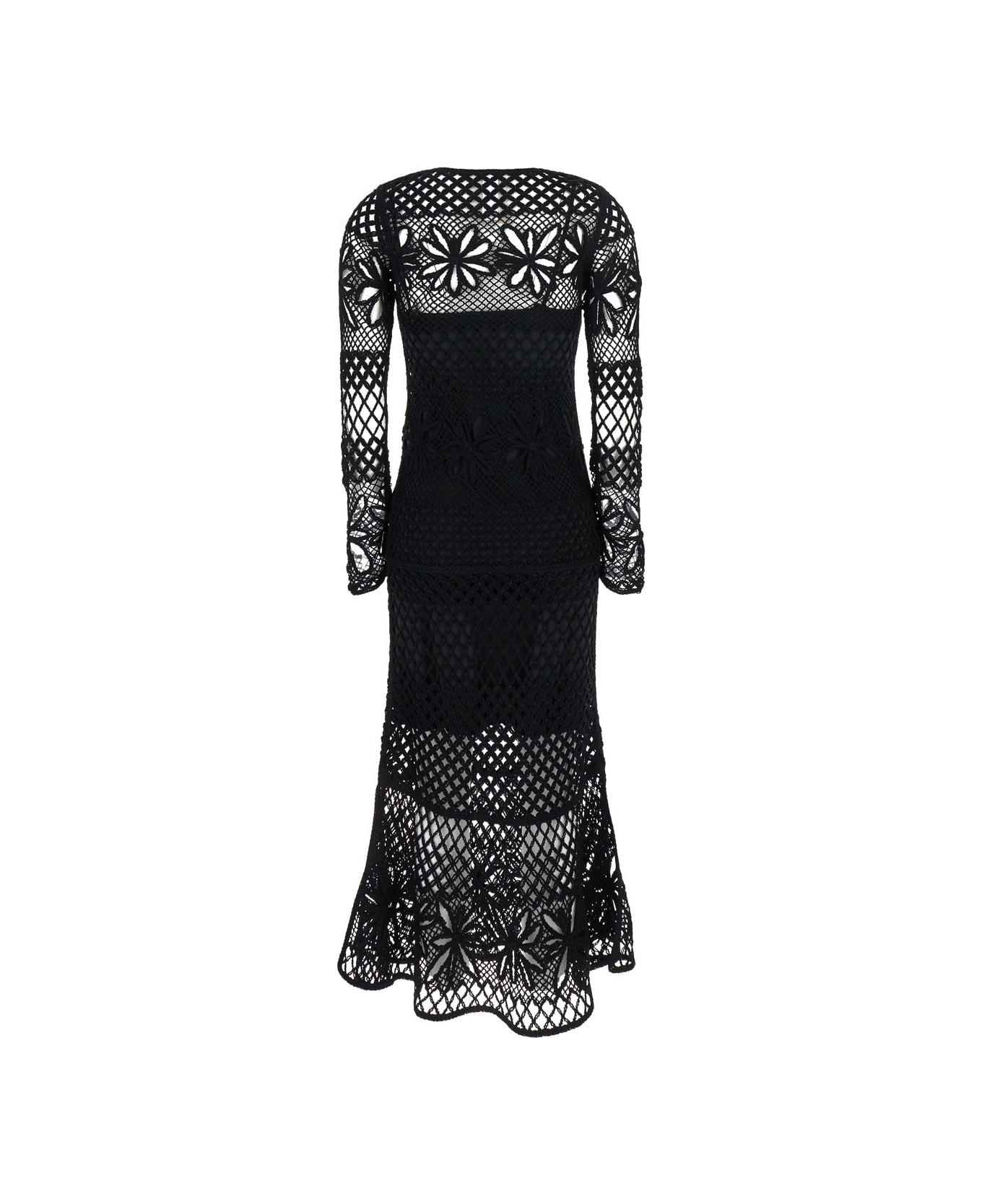 Pinko Black Crewneck Long Dress With Fishnet Design And All-over Floral Embroidery - NERO LIMOUSINE