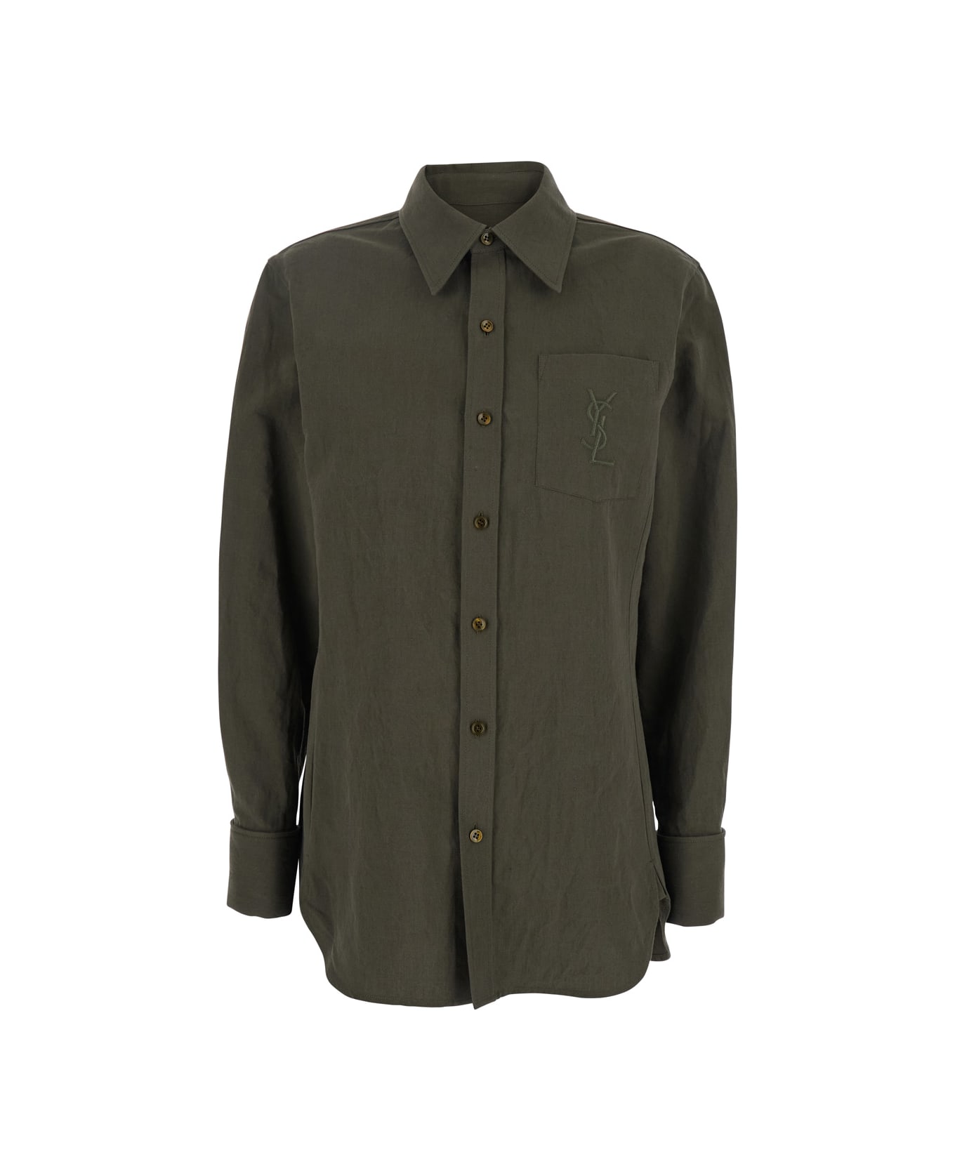 Saint Laurent Green Shirt With Classic Collar And Cassandre Embroidery On The Front In Linen And Cotton Blend Woman - Green