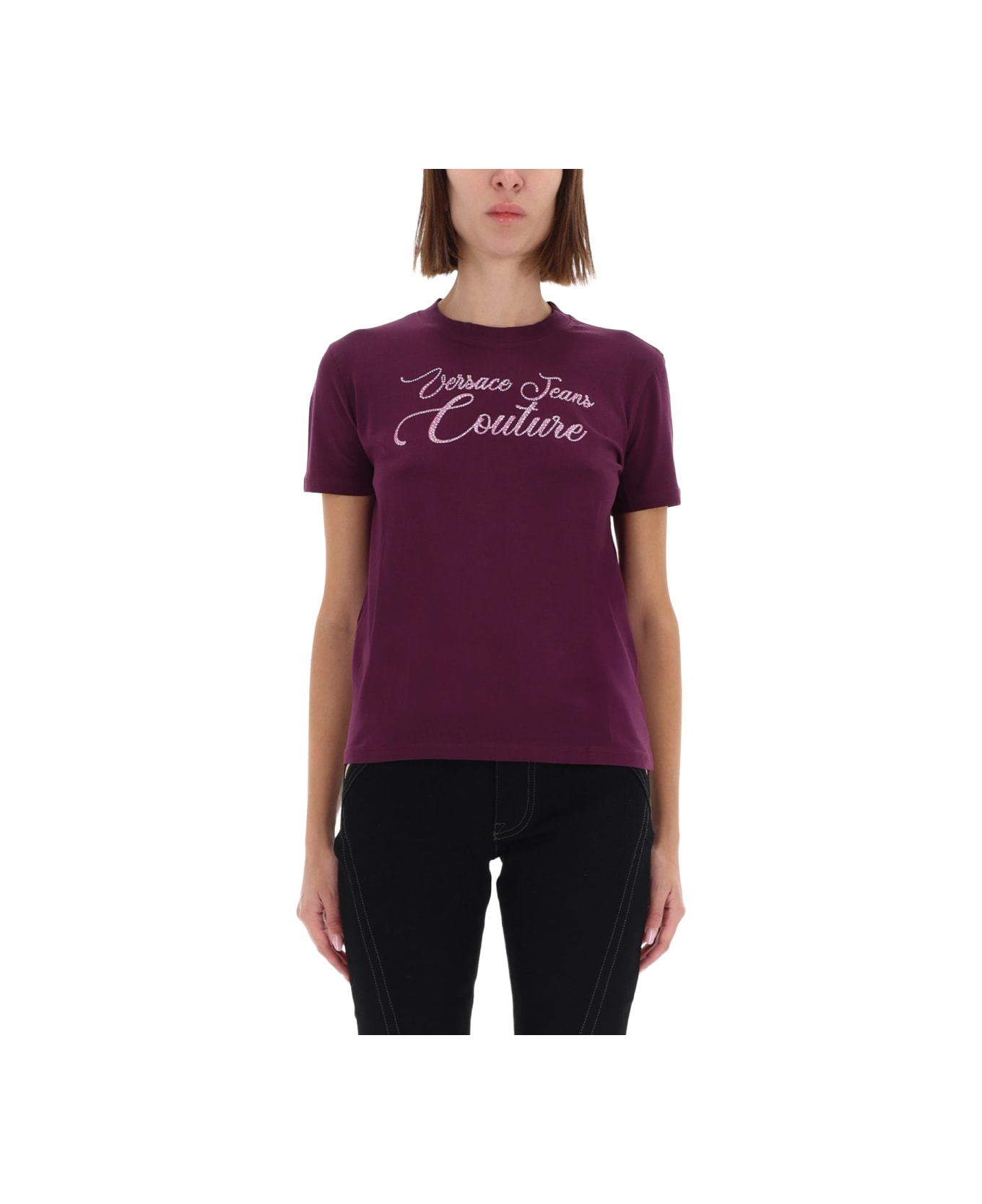 Versace Jeans Couture T-shirt With Logo And Rhinestones - burgundy