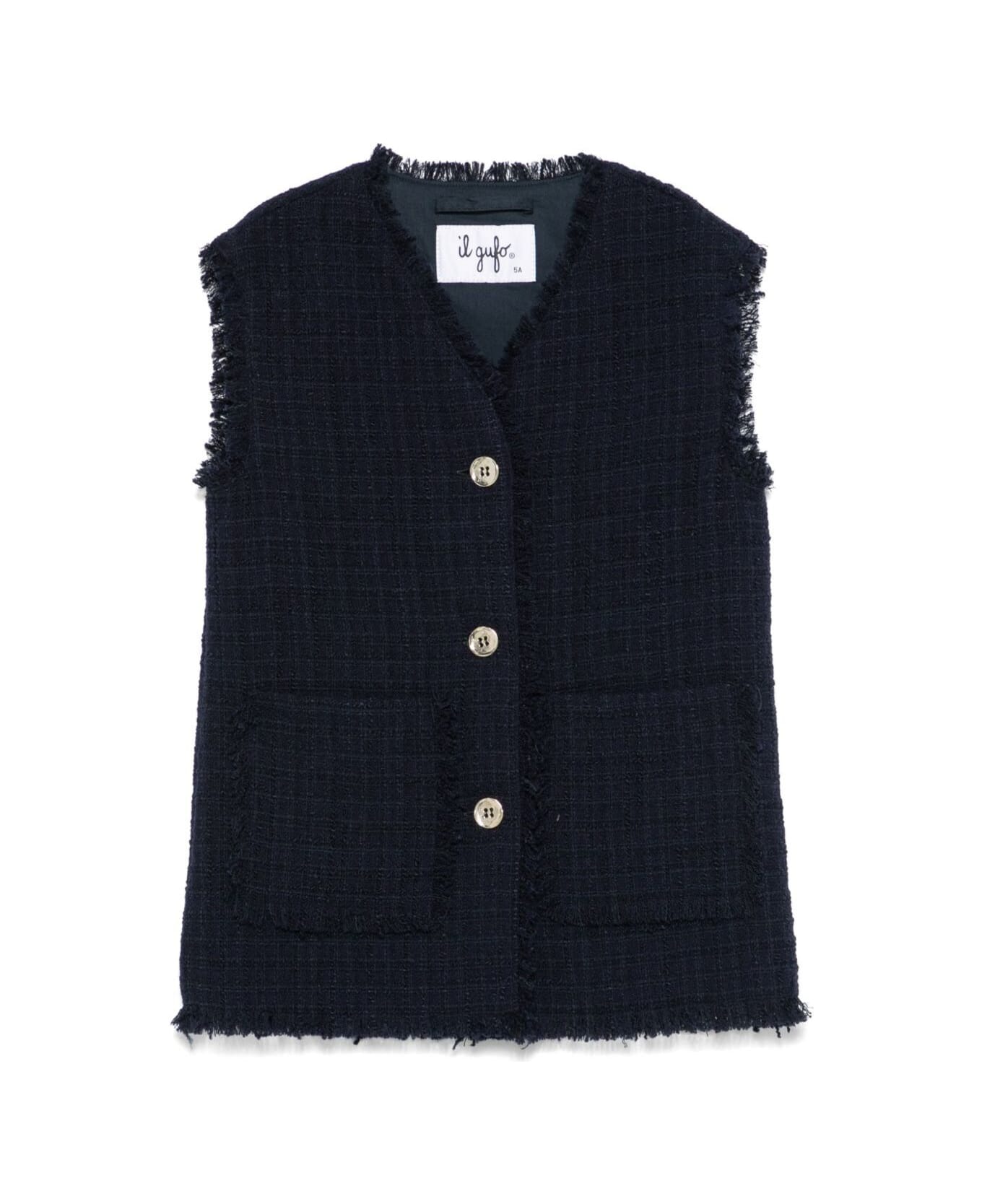 Il Gufo Blue Vest With Frayed Edges And V-neck In Cotton Tweed Girl - Blu