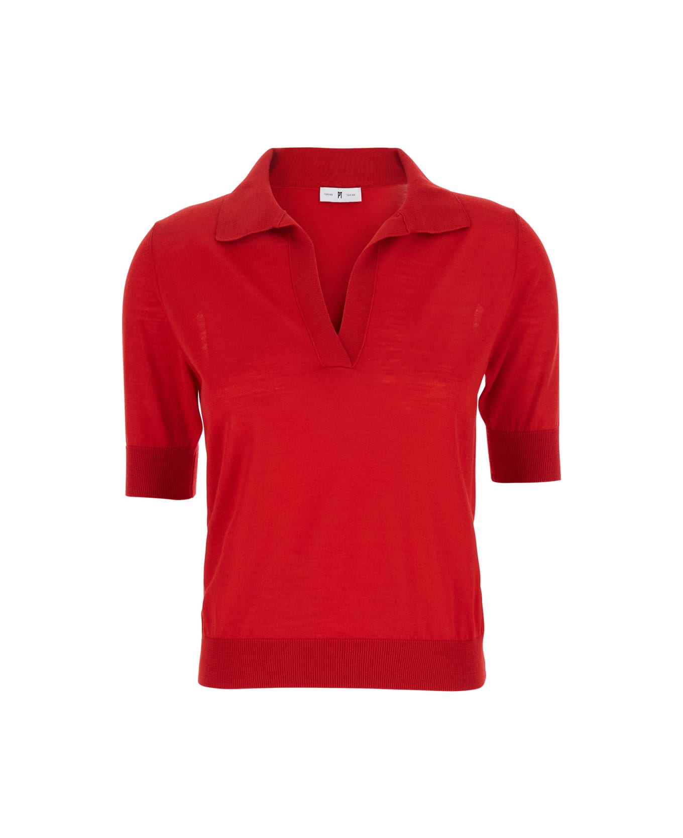 PT Torino Red Polo With V-neck And Short Sleeves In Virgin Wool Woman - Red