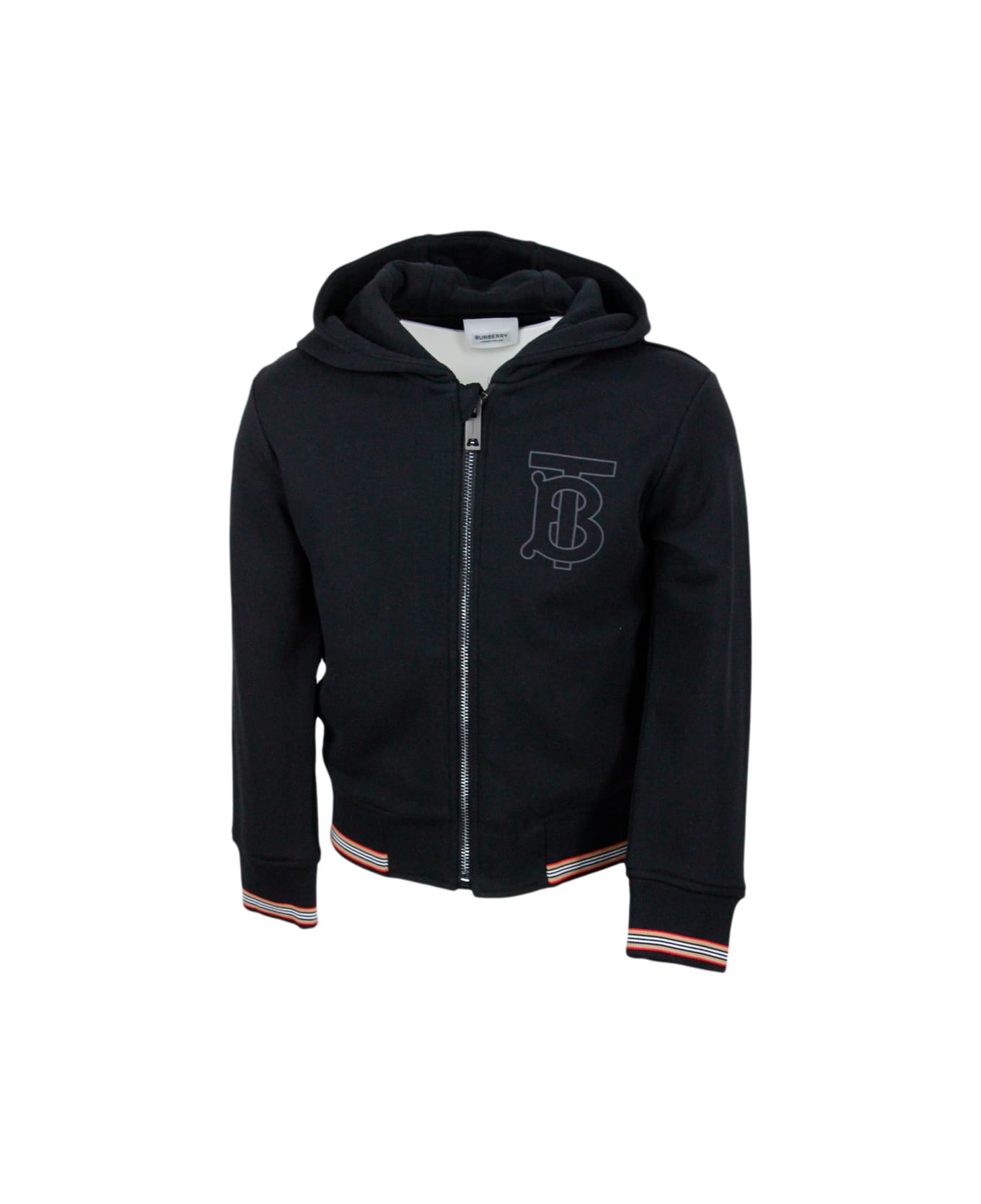 Burberry Sweatshirt With Zip And Hood In Terry-effect Cotton With Check Pattern And Cuffs And Logo On The Chest - Black
