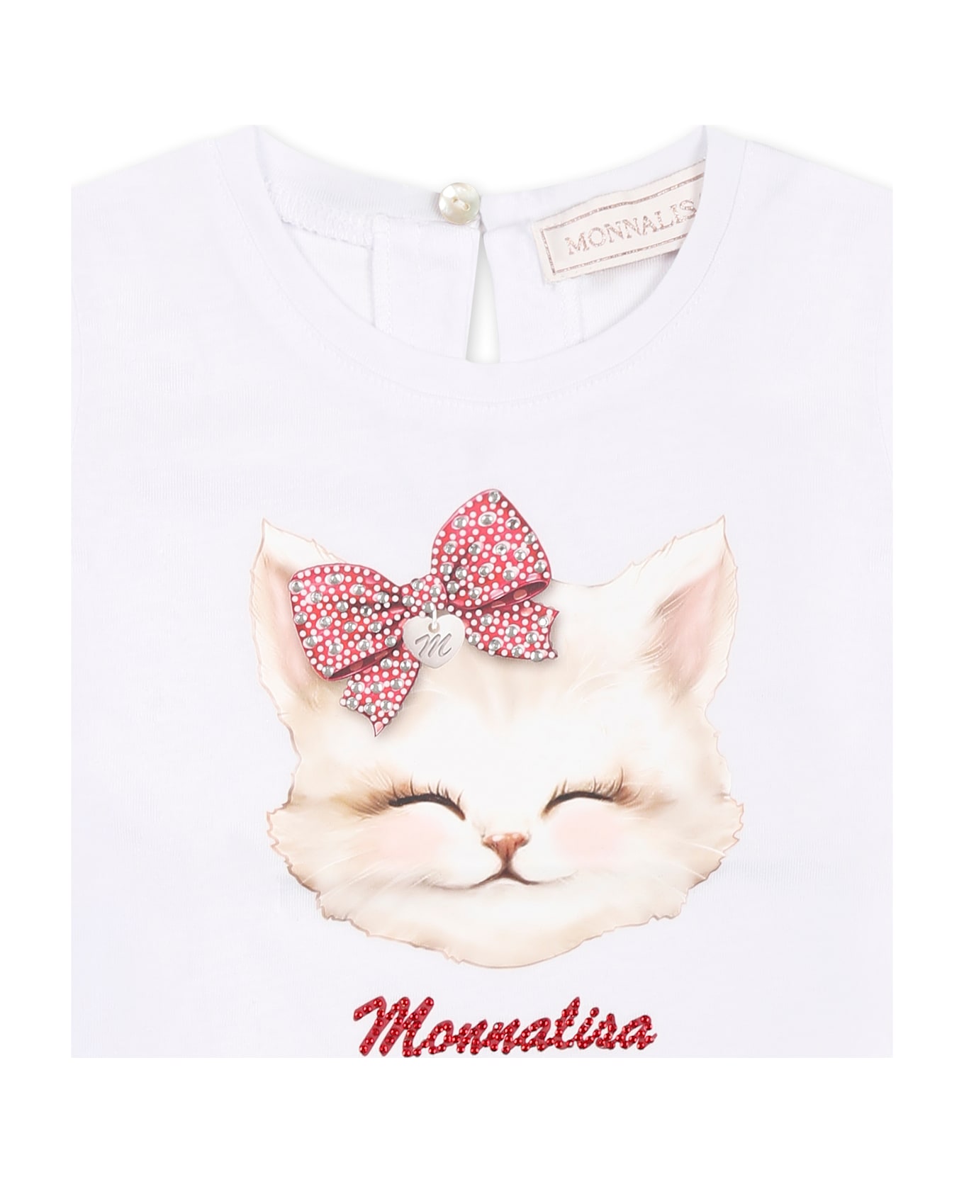 Monnalisa White T-shirt For Baby Girl With Cat - White