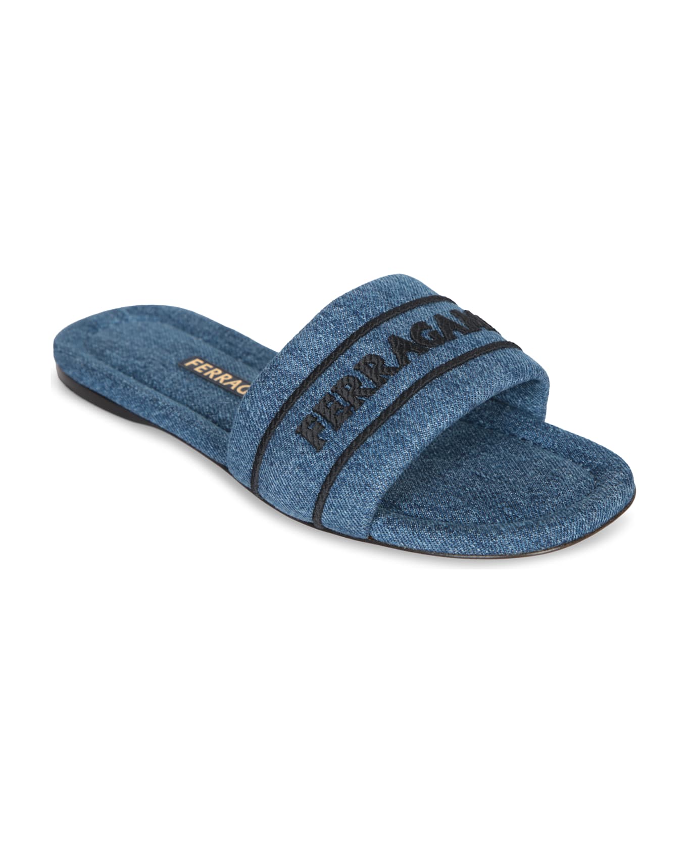 Ferragamo Slide Hotel Denim Black Sandals - Blue