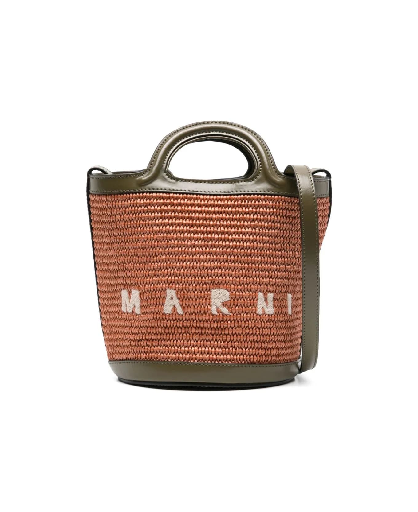 Marni Tropicalia Mini Bag In Brown Leather And Orange Raffia - Brown
