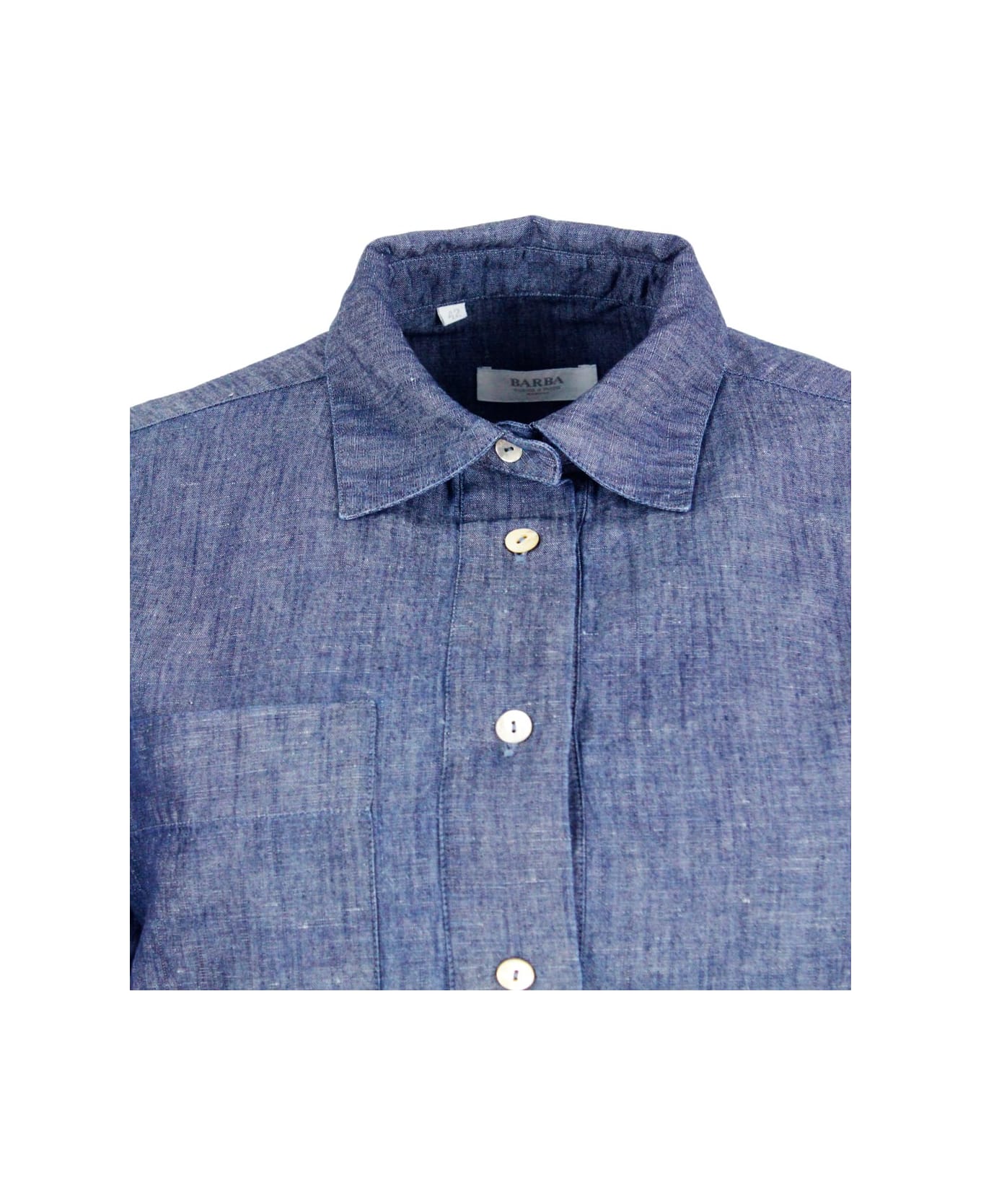 Barba Napoli Lightweight Denim-effect Pull-on Shirt In Linen Cotton With Four Buttons And Chest Pocket - Denim