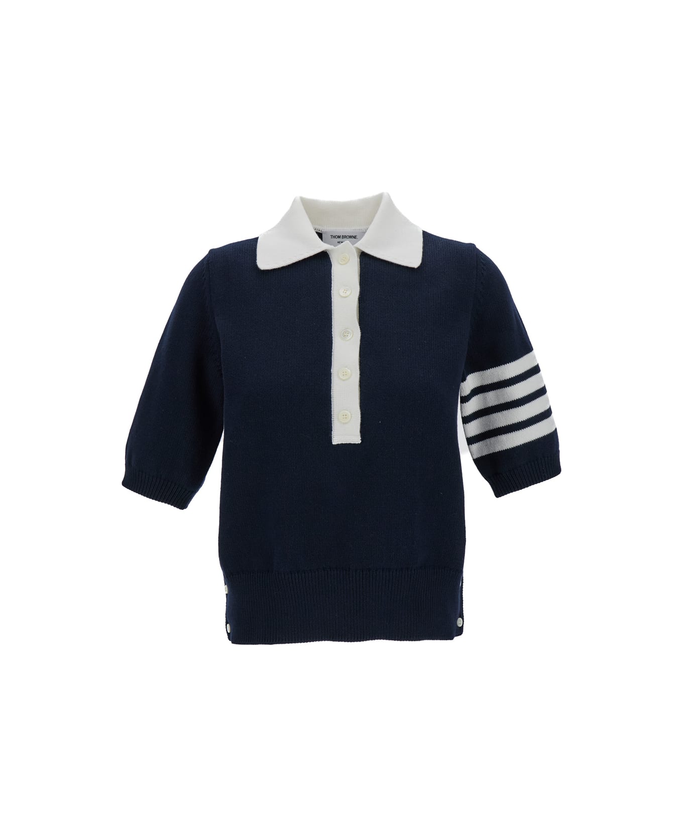 Thom Browne Hector Icon Jersey Stitch Intarsia Ss Polo In Cotton W/ 4 Bar Stripe - Blu