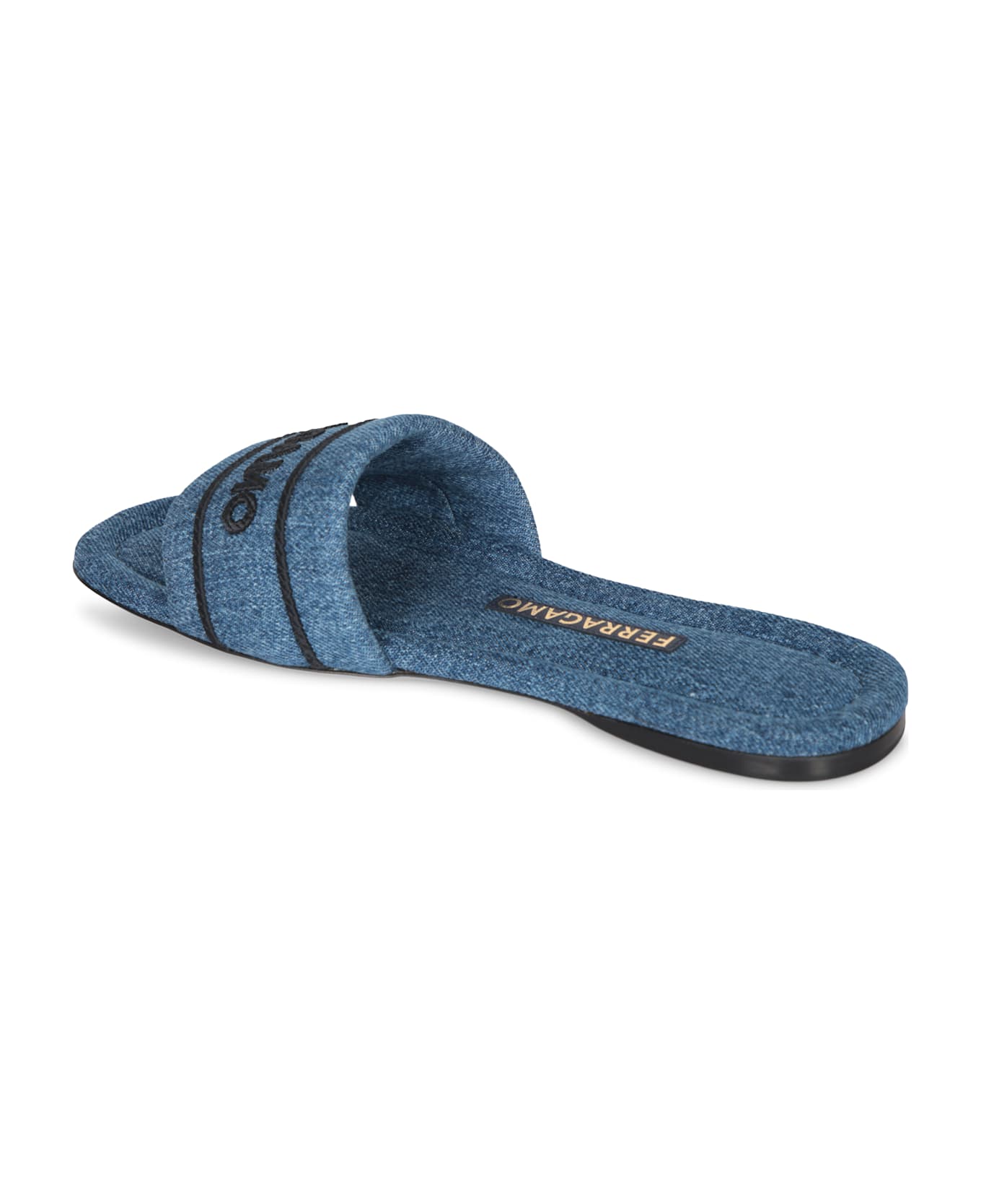 Ferragamo Slide Hotel Denim Black Sandals - Blue