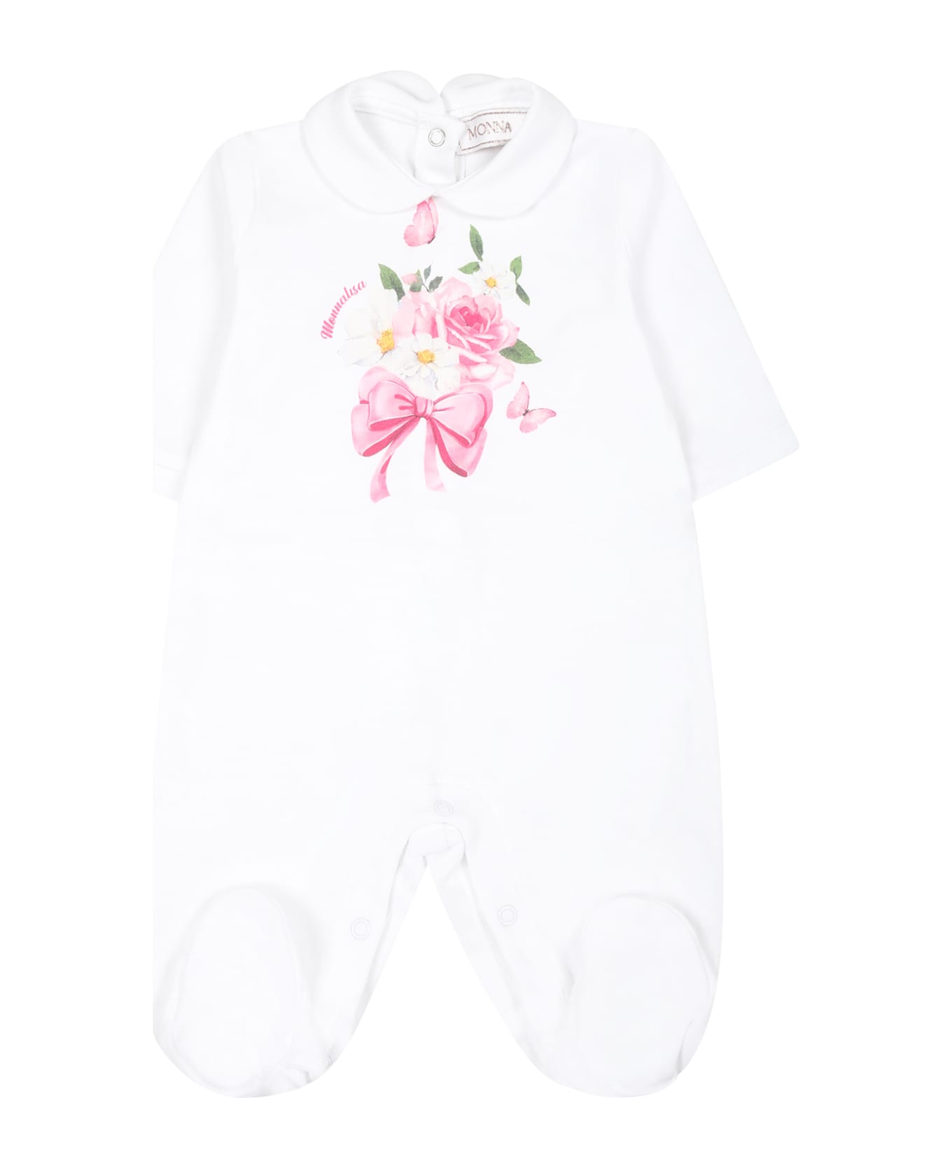 Monnalisa White Set For Baby Girl With Flowers Print - White ボディスーツ＆セットアップ