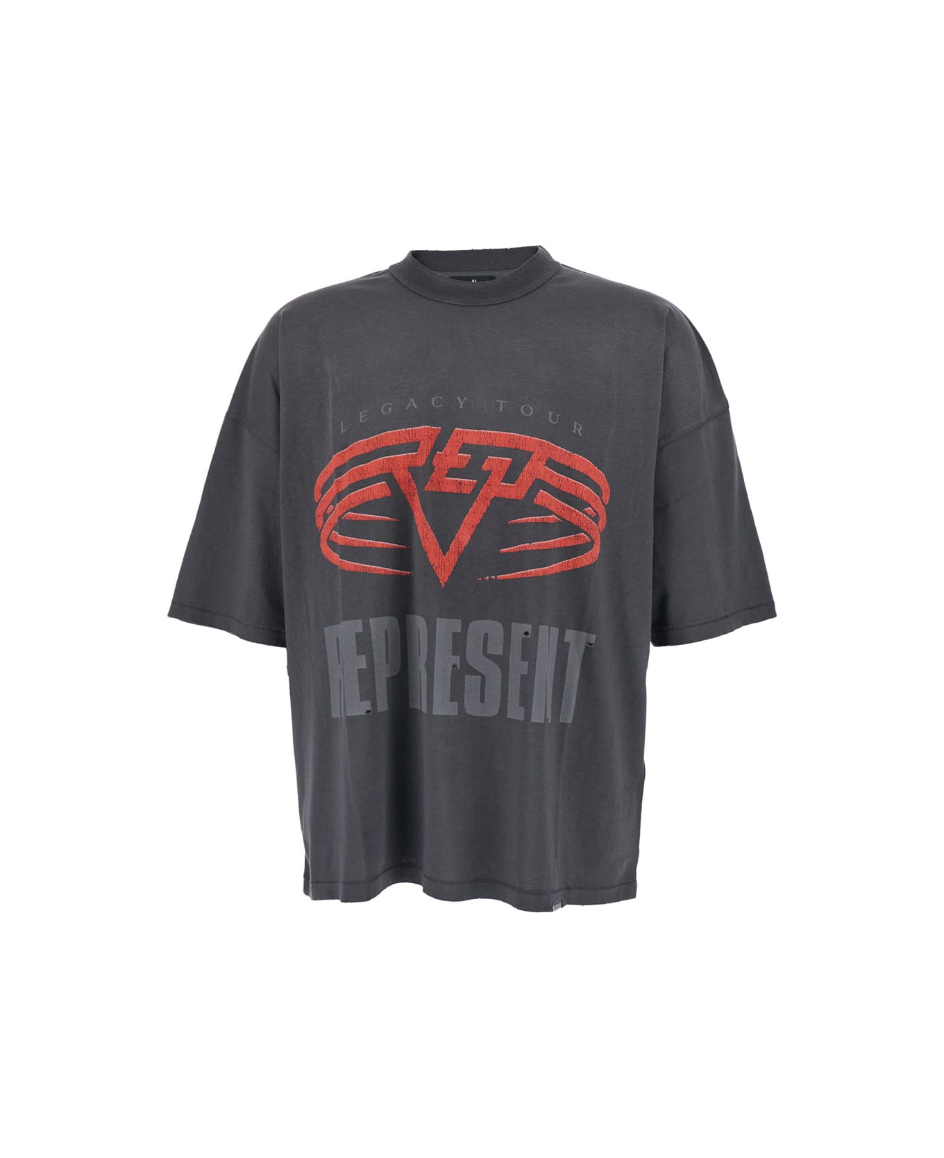 REPRESENT Grey Crewneck T-shirt With Maxi Logo Print On Front And Rear In Cotton Blend Man - Grey