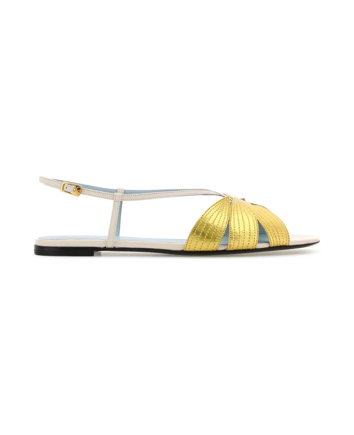 Valentino Garavani Ivory Leather Foliefoliage Sandals - LIGHTIVORYOLDGOLD