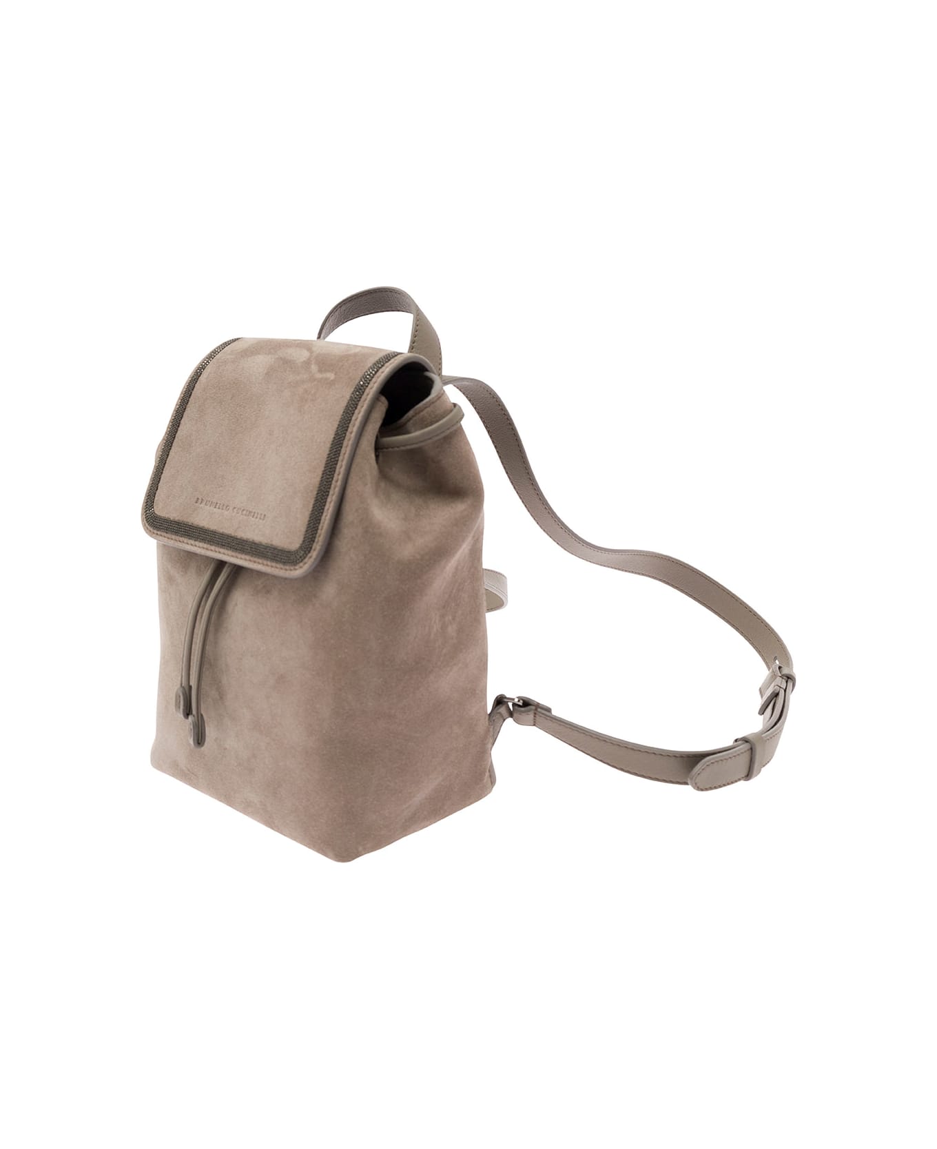 Brunello Cucinelli Beige Backpack With Engraved Logo And Monile Detail In Suede Woman - Grey バックパック