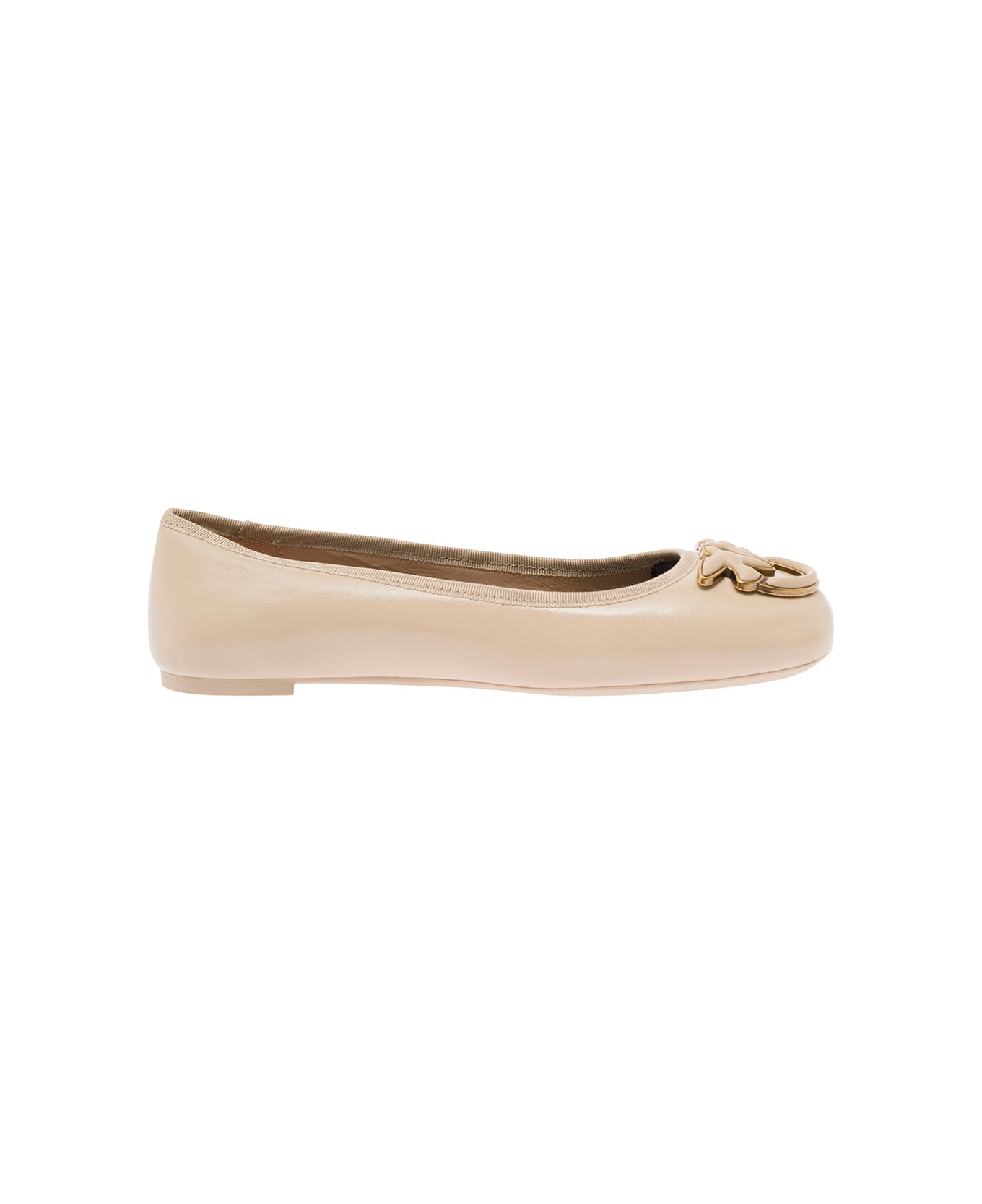 Pinko Pink Ballerinas With Black Ribbon In Leather Woman - Beige