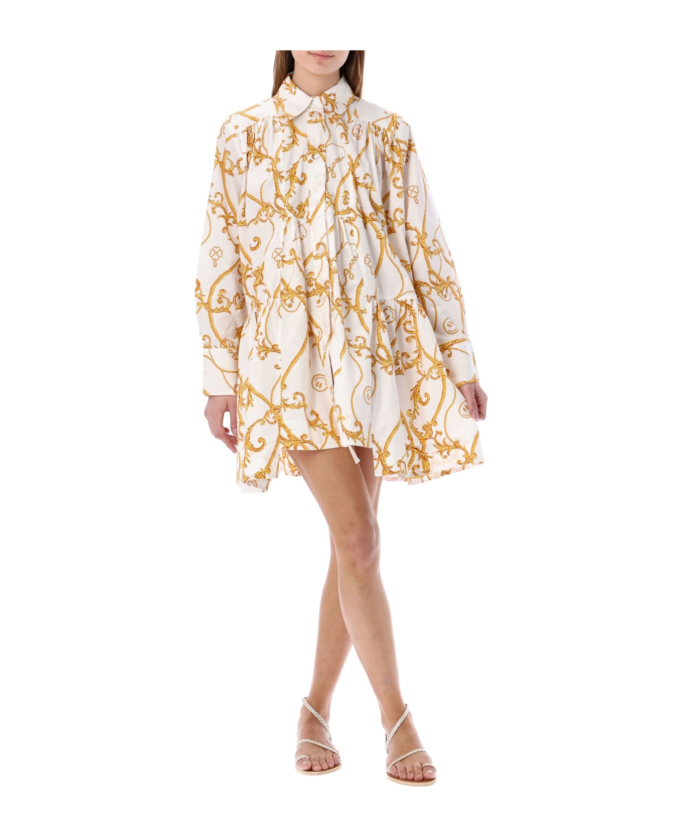 Ganni Printed Cotton Poplin Gathered Panel Wide Mini Shirt Dress - EGRET