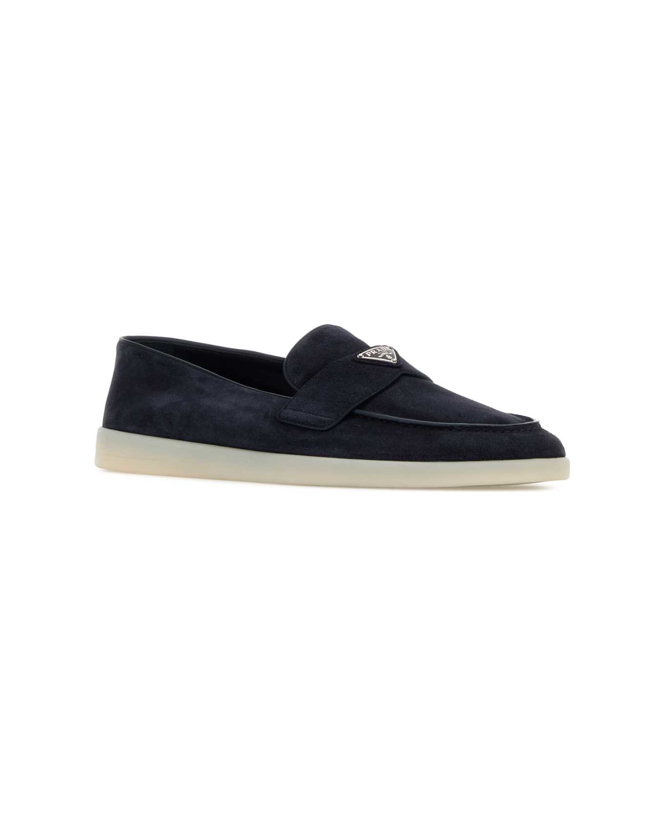 Prada Navy Blue Suede Loafers - BLEU