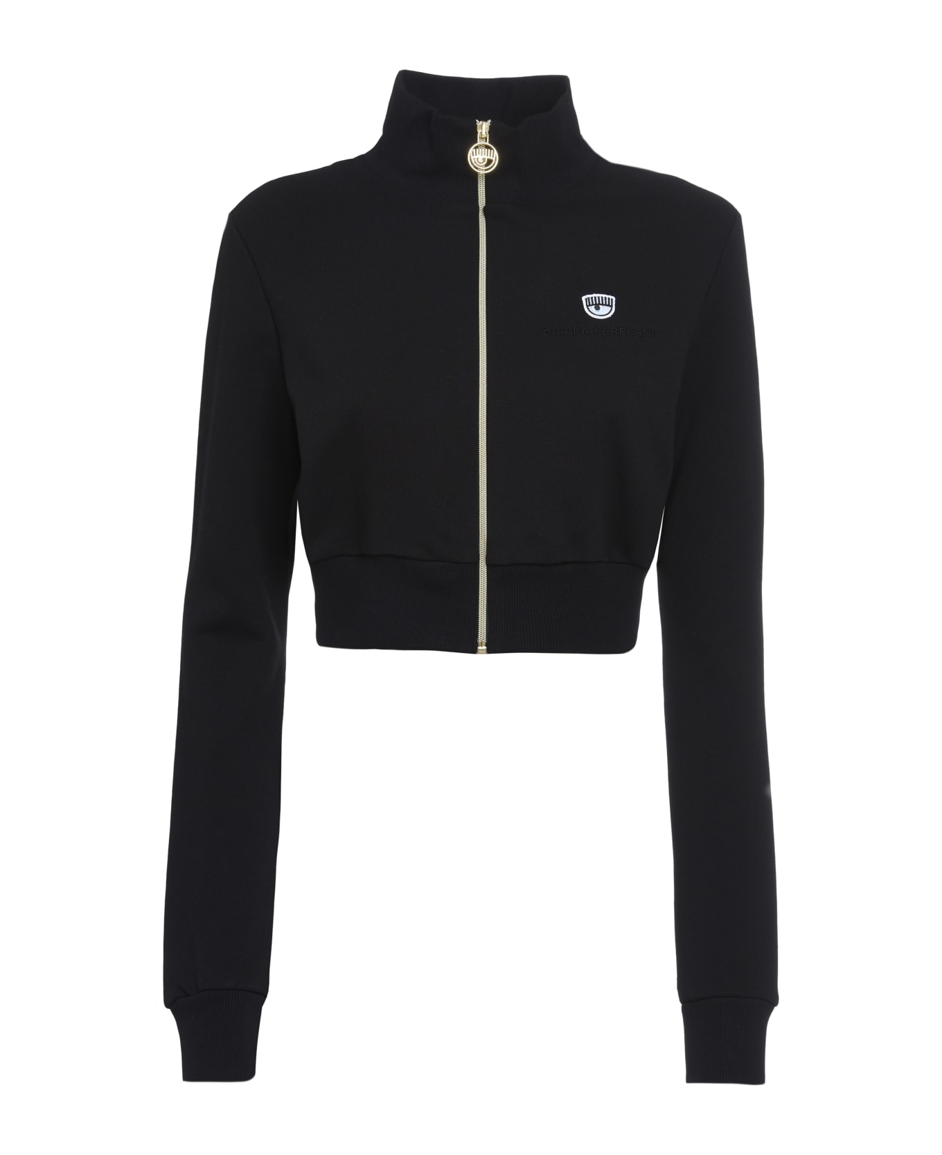 Chiara Ferragni Long-sleeved Form-fitting Cropped Tracksuit Top With Logo - BLACK