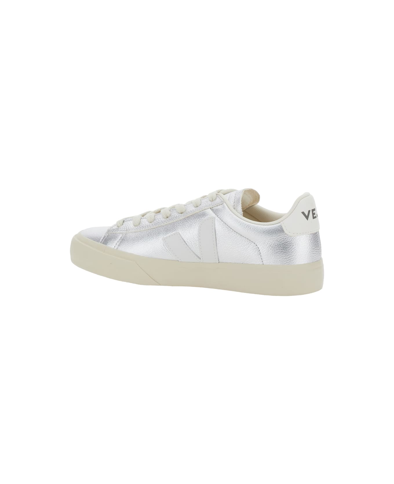 Veja 'campo' Metallic Low Top Sneakers With Logo Detail On The Side And Logo Lettering On The Heel In Leather Unisex - Argento