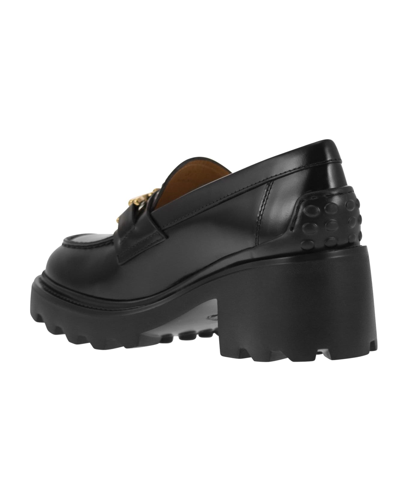 Tod's Leather Moccasin With Carrarmato Bottom - Black ハイヒール