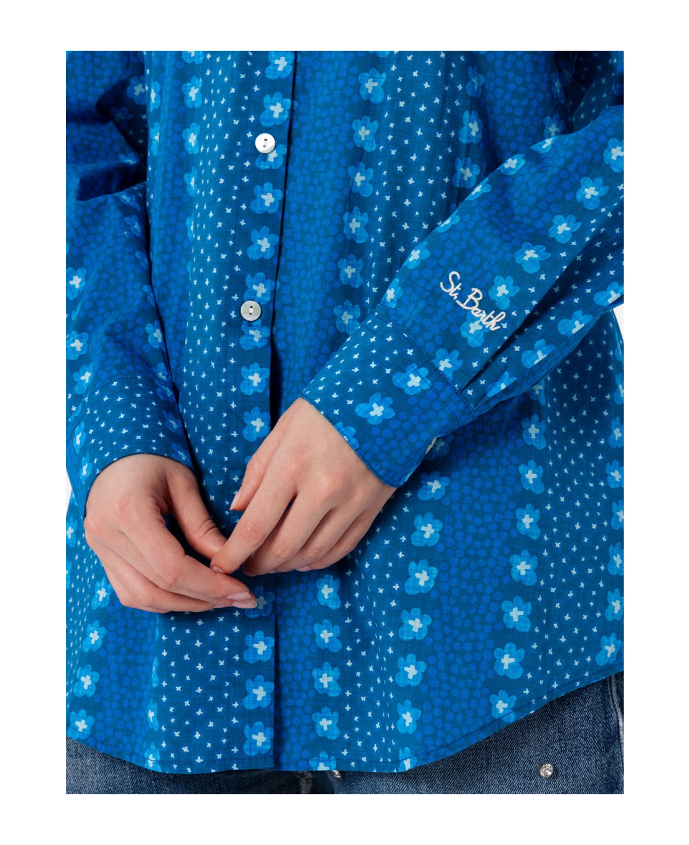 MC2 Saint Barth Woman Cotton Shirt Brigitte With Indigo Flower Print - BLUE