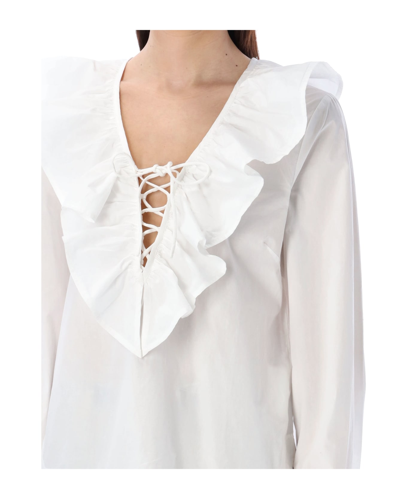 Ganni Ruffle V-neck Shirt - WHITE