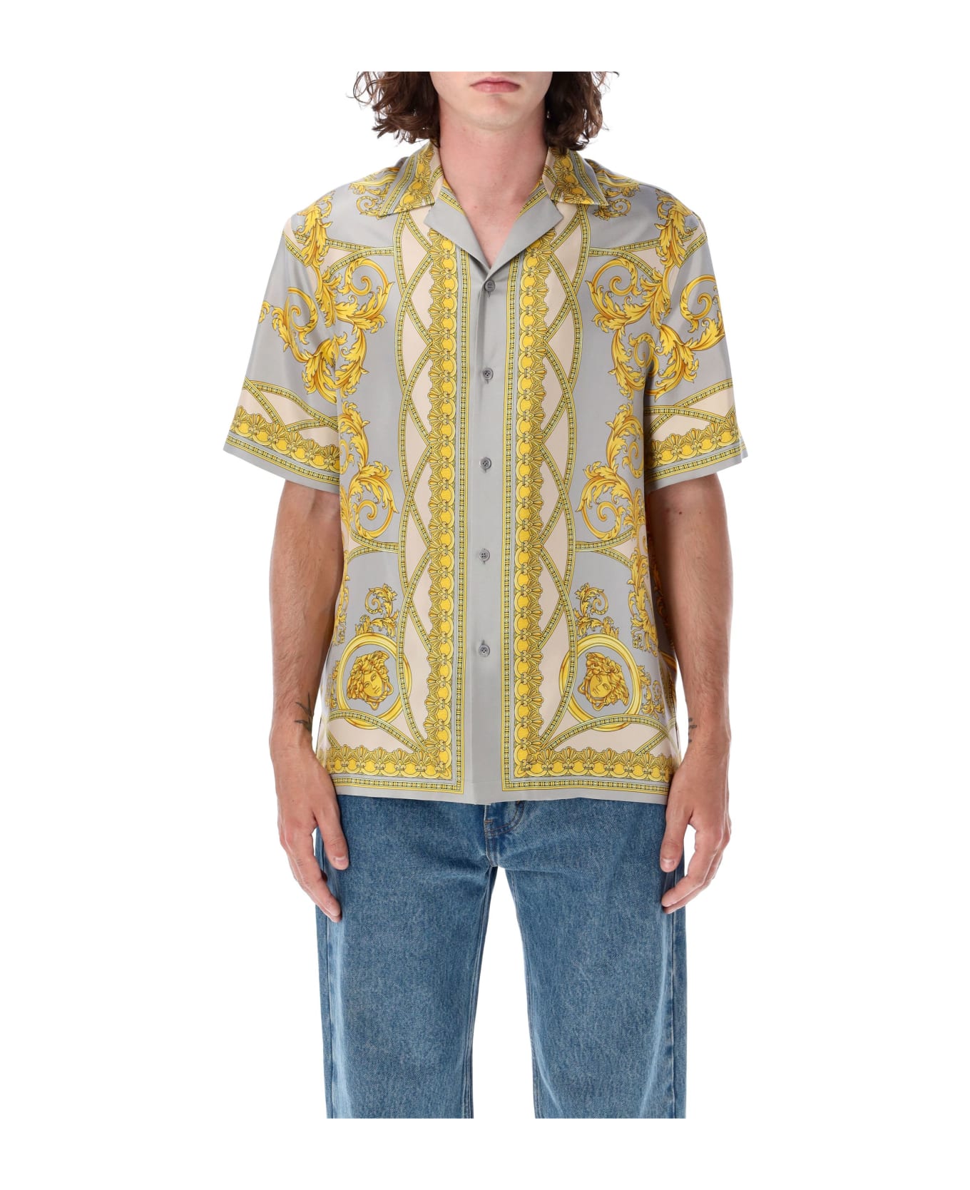 Versace Baroque Coupe Des Dieux Bowling Shirt - Concrete+mid Bone+gold