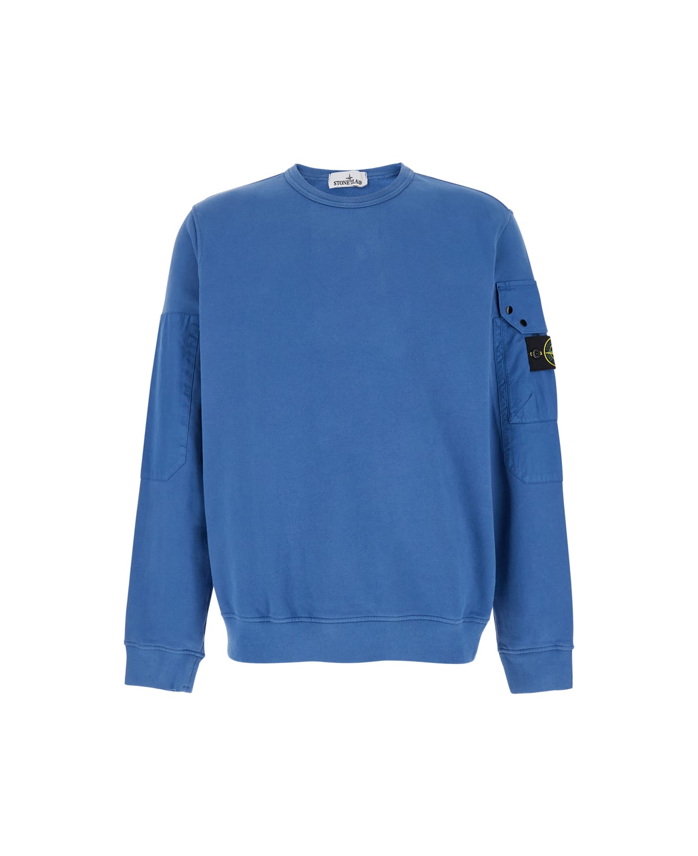 Stone Island Blue Crewneck Sweater With Patch Pocket In Cotton Man - Blu フリース