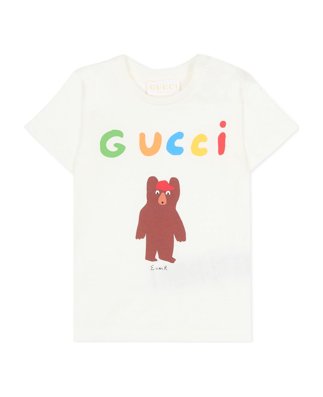 Gucci White T-shirt Fro Babykids With Bear Print - Ivory