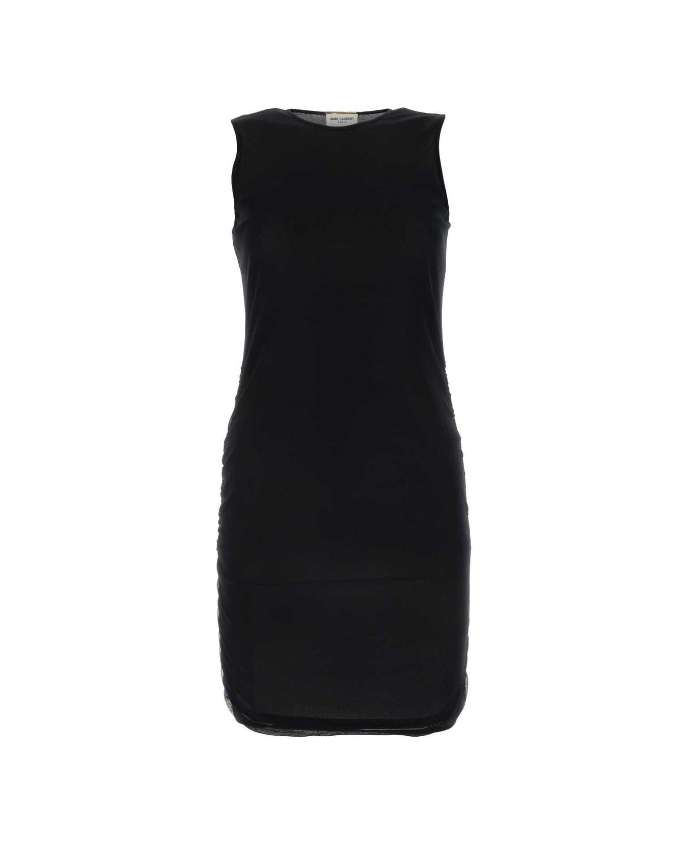 Saint Laurent Crewneck Ruched Detailed Mini Dress - BLACK
